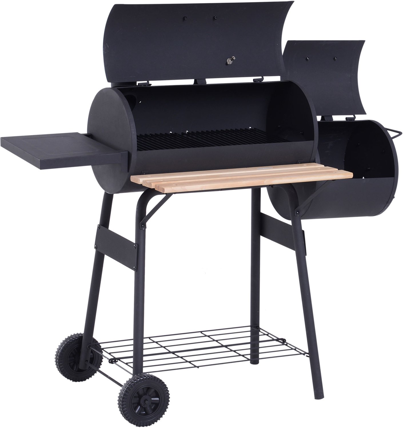 Houtskoolbarbecue met rookfunctie op onderstel, deksel, wielen, thermometer en planken - zwart