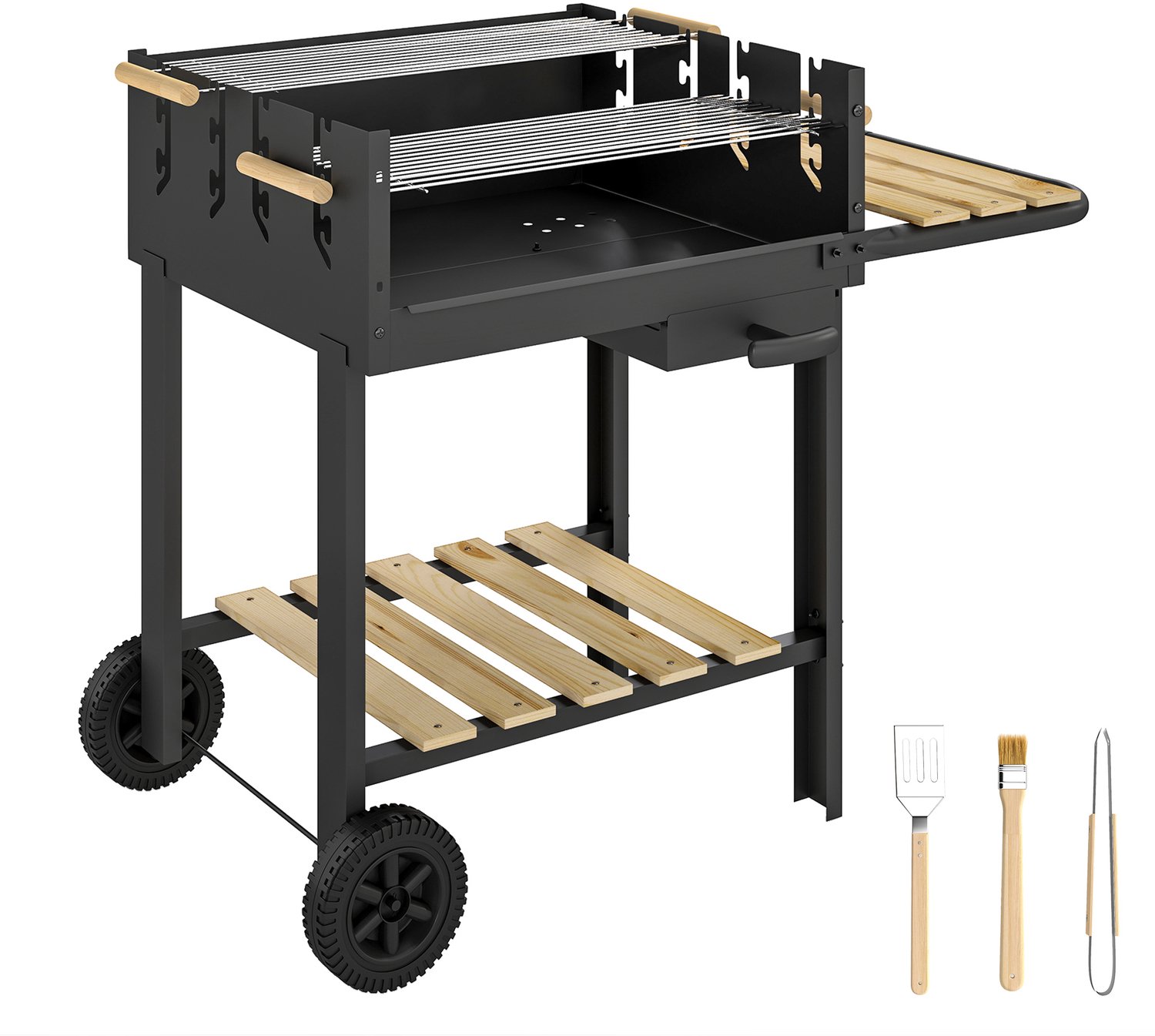 Houtskoolbarbecuewagen met in 4 standen verstelbaar grillrooster, 2 houten planken, 2 wielen, aslade, 99,5 x 58 x 82 cm