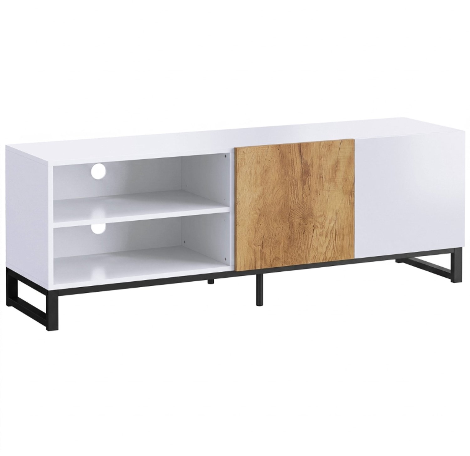 Clruro TV-Meubel - 140×35 cm - Verstelbare Planken - Softclose en Kabeldoorvoer - Wit/Eikenlook