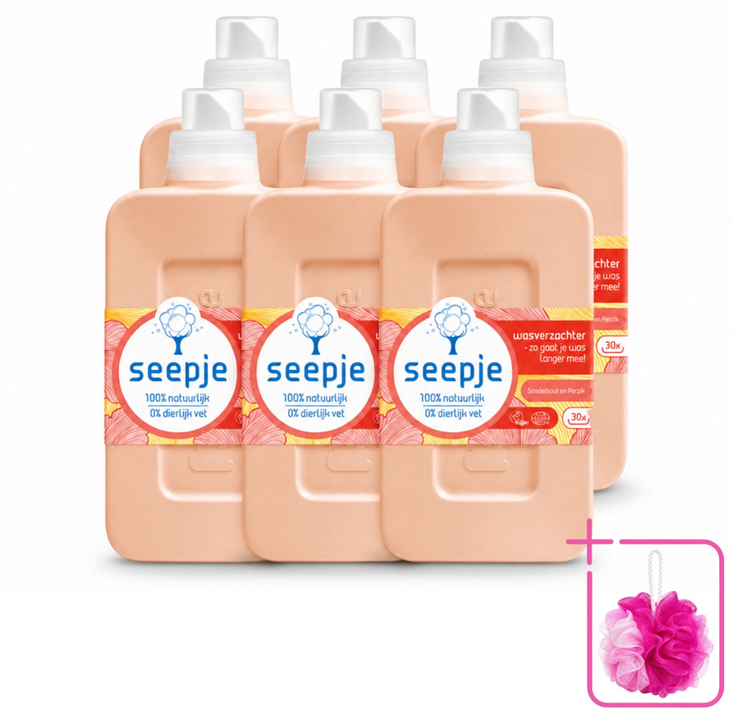 6 x Seepje - Wasverzachter - Verzorgt en Verfrist - Sandelhout en Perzik - 30 Wasbeurten - 750 ml - Bulkverpakking - Wasverzachter - Douchemop - Natuurlijke wasverzachter
