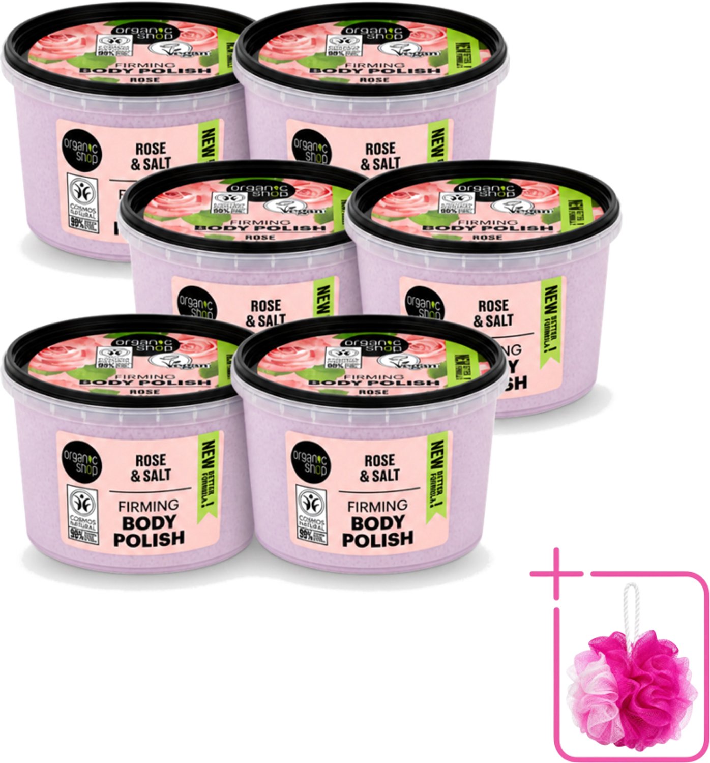 6 x Organic Shop - Body Scrub Rose - Hydraterend en Verzorgend - 250 ml - Bulkverpakking - Bodyscrub - Douchemop - Huidverzorging