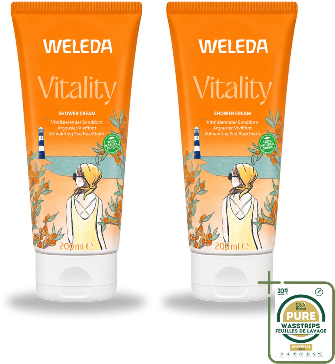 2 x WELEDA - Douchecrème Duindoorn Vitality - 200 ml - Wasstrips - Douchecrème - Duindoorn - Natuurlijke Douchecrème - Vitaliteit - Huidverzorging