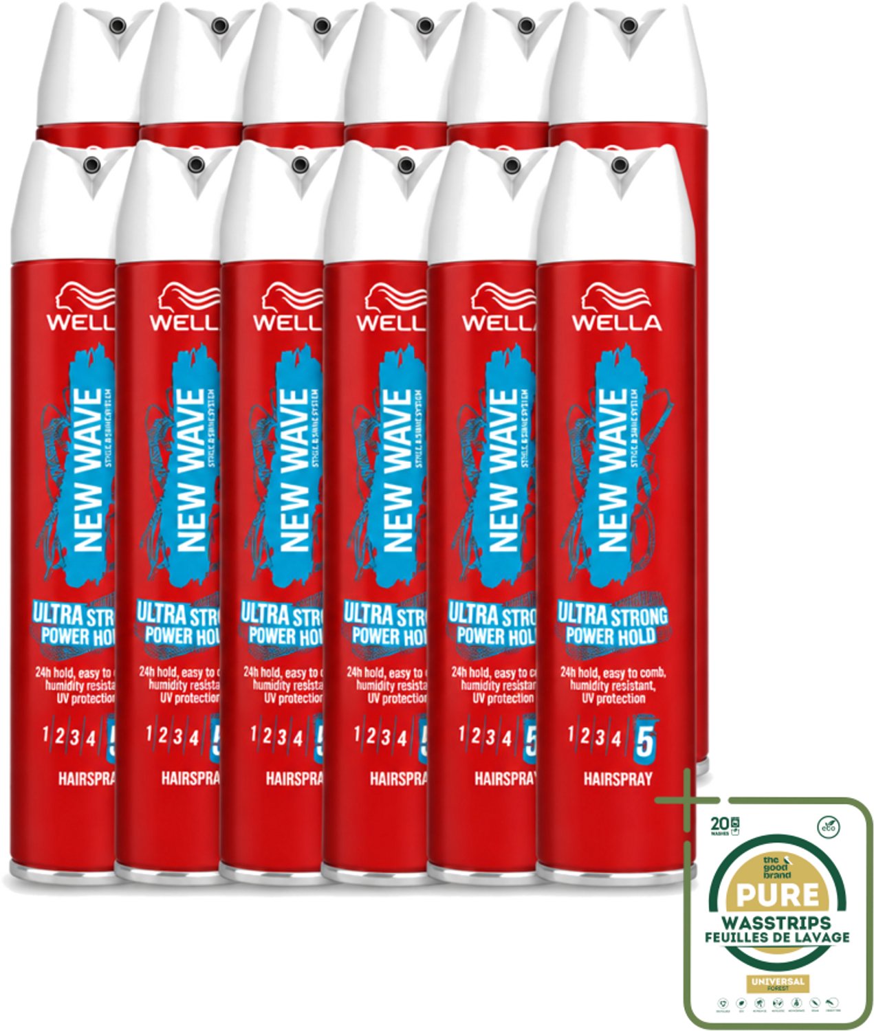 12 x Wella – New Wave Rock’n Hold Ultra Strong – Haarspray – 250 ml - Wasstrips - Haarspray - Haarspray Met Stevige Houding - Haarspray UV Bescherming - Haarspray Voor Dun Haar - Haarspray Met 24 Uur Houding