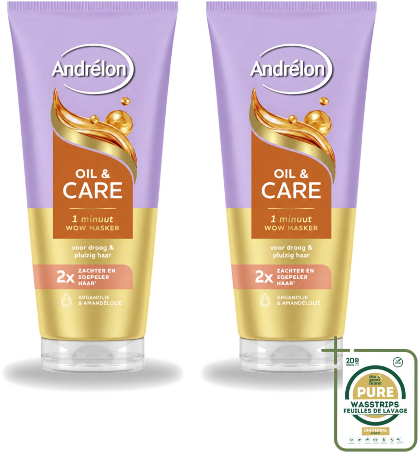 2 x Andrélon – Haarmasker WOW – Oil & Care – 180 ml - Wasstrips - Haarverzorging - Haarmasker - Pluizig Haar - Droog Haar - Arganolie