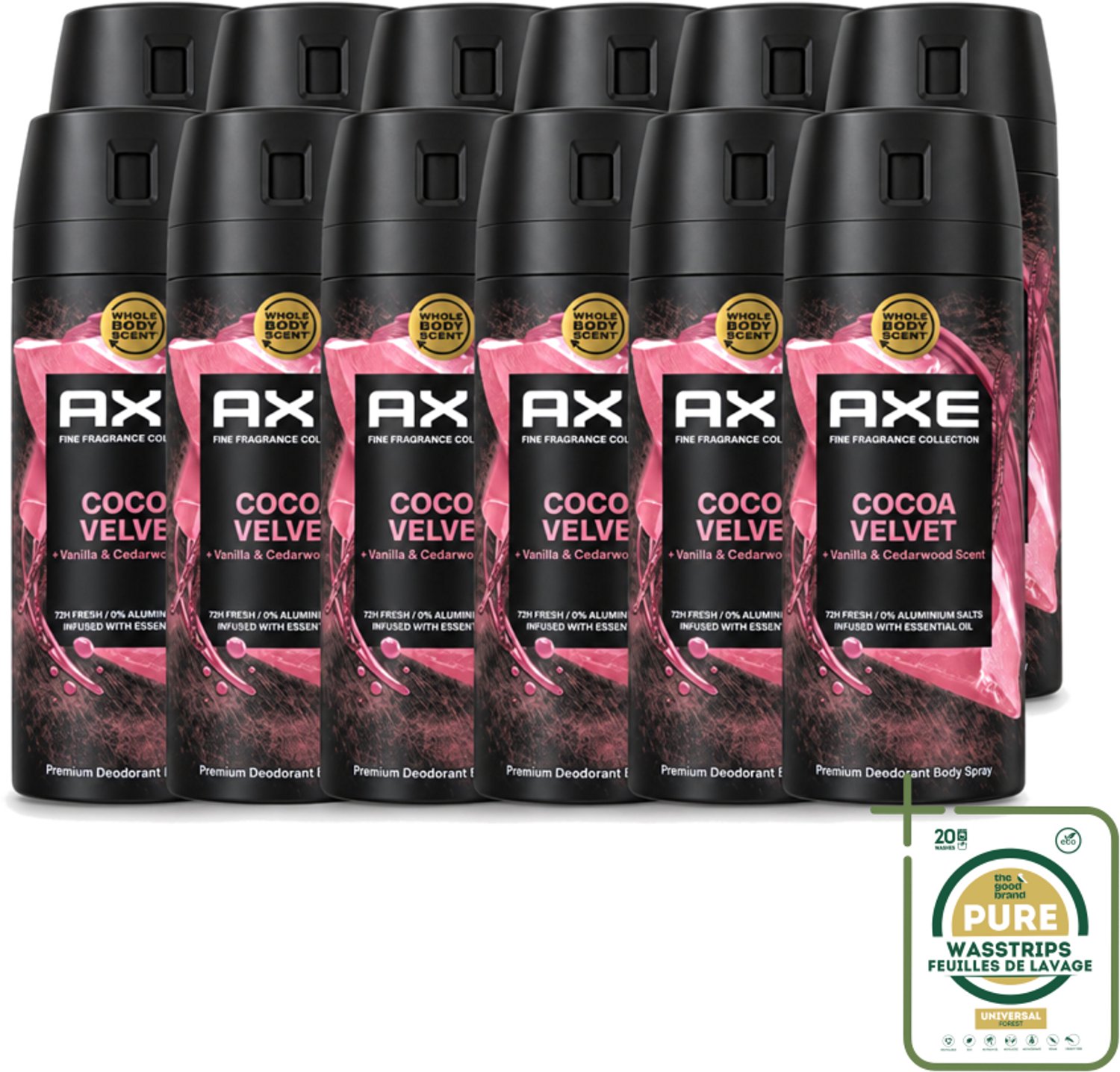 12 x Axe – Deodorant – Cocoa Velvet – 150 ml - Wasstrips - Deodorant - Bodyspray - Geur - Frisheid - Lichaamsgeur