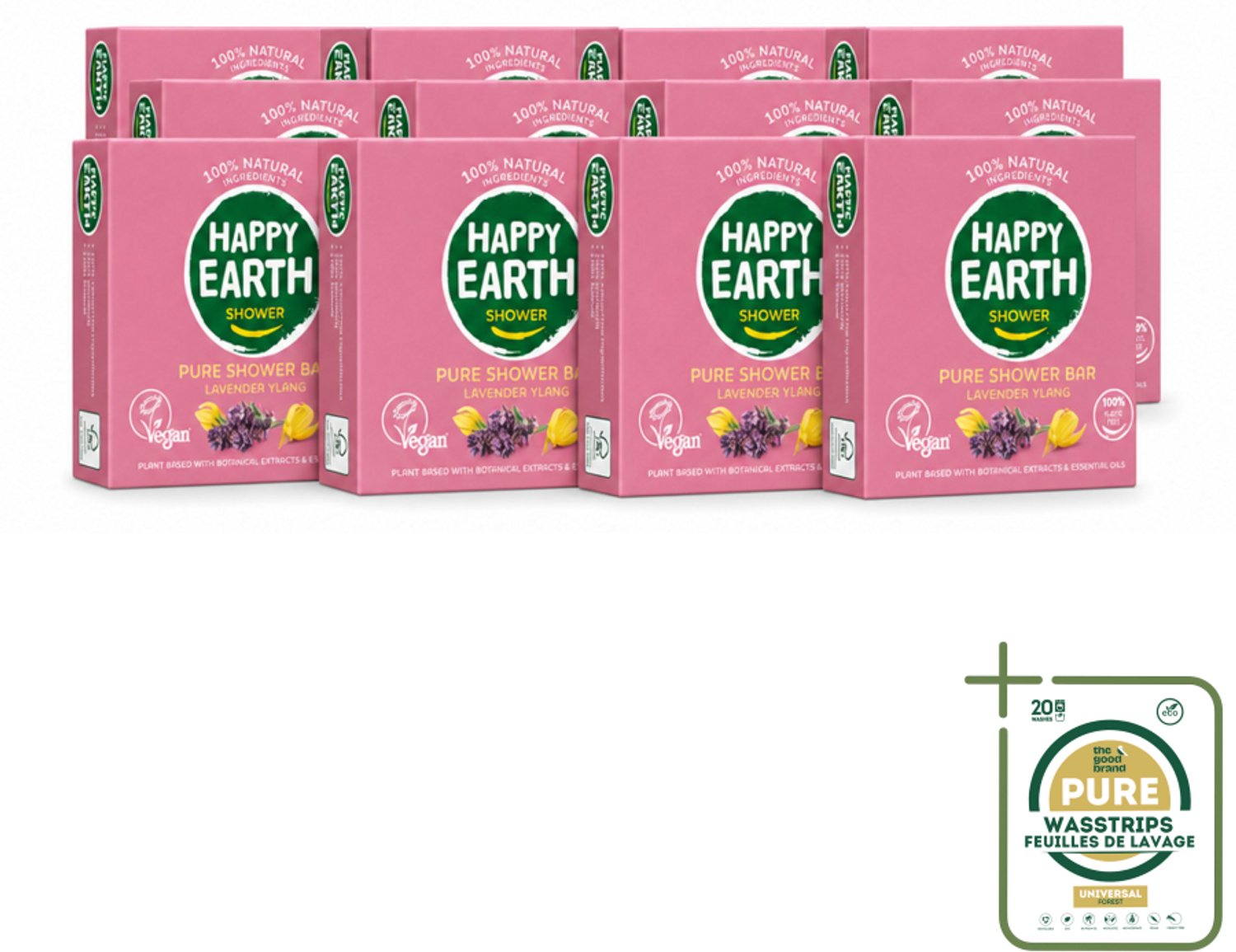 12 x Happy Earth – Shower Bar – 100% Natuurlijk Lavender Ylang – 90 g - Wasstrips - Douchen - Douchegel - Lavendel - Ylang-ylang - Natuurlijke Douchegel