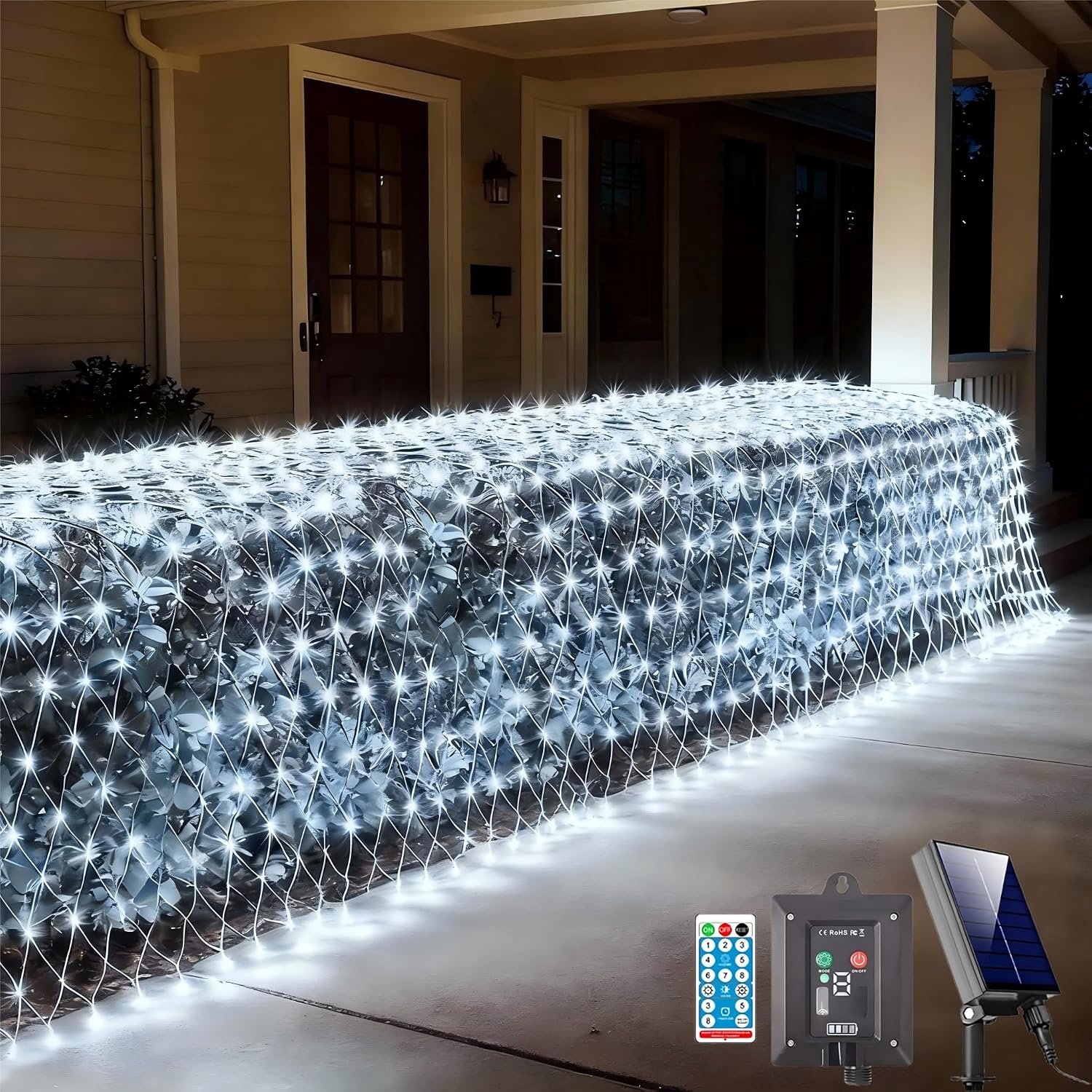 2 x 3 meter 192 LED zonne-netverlichting, outdoor mesh netlicht voor struiken, waterdichte tuinverlichting op zonne-energie met afstandsbediening, 8 verlichtingsmodi voor dakraam, thuisfeest