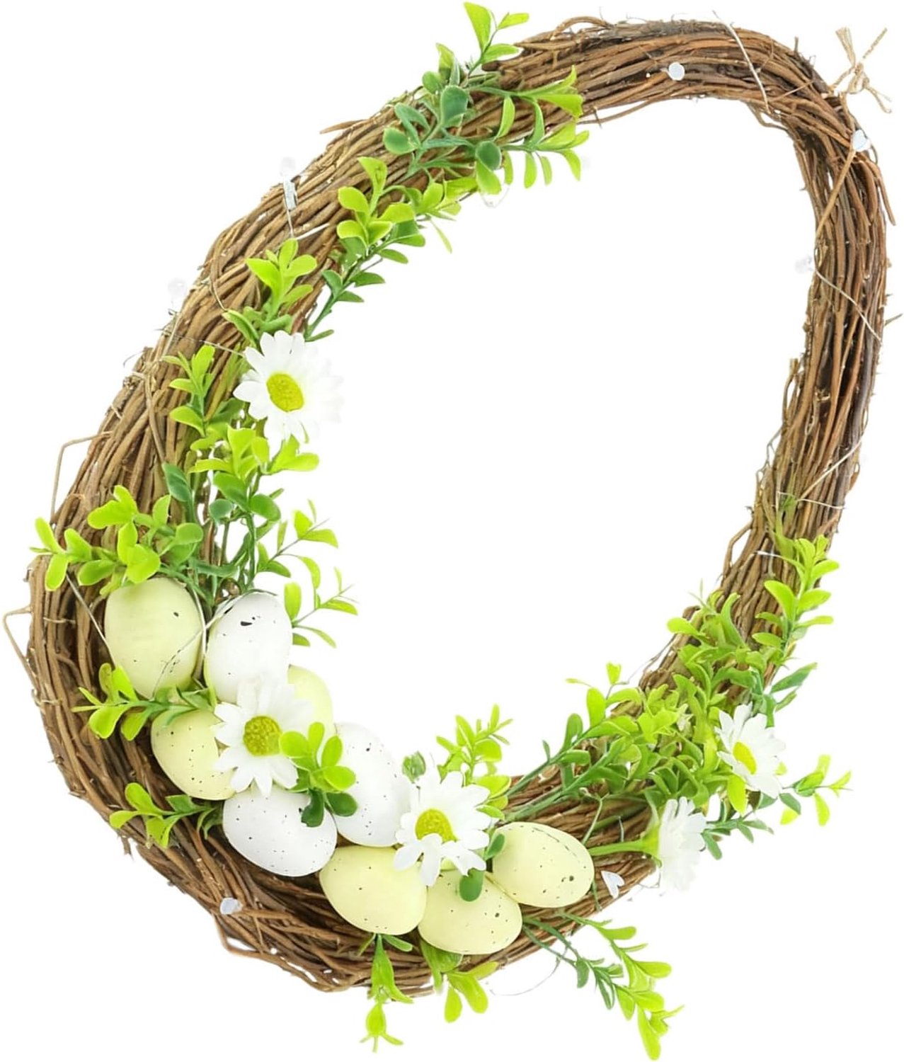 Rattan Paasei Krans met Kleurrijke Lente-eieren Groene Bladeren Decoratieve Hangende Deurkrans voor Voordeur Keuken Raam Geschikt voor Feestelijke Paasversiering