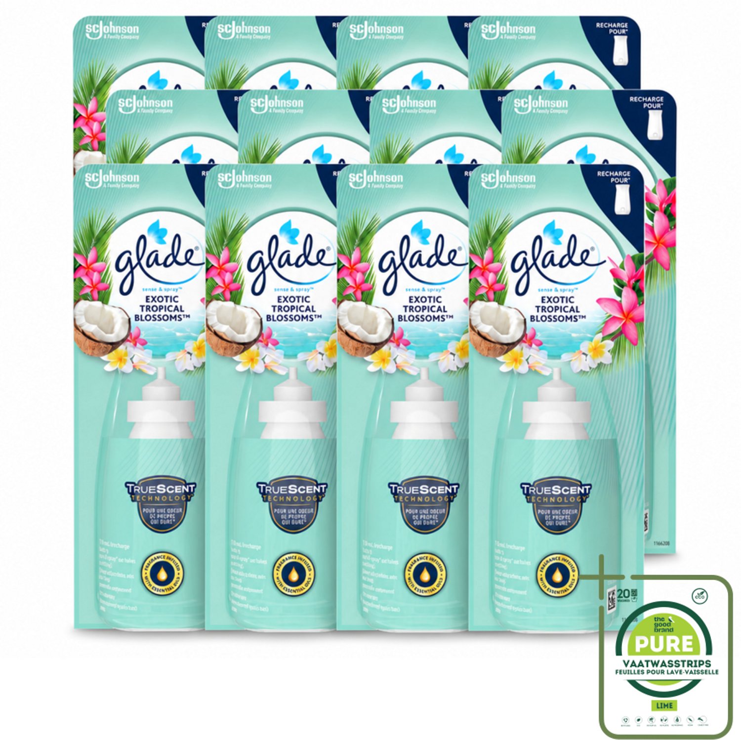 12 x Glade – Sense & Spray Navulling – Exotic Tropical Blossoms – 18 ml - Grootverpakking - Tropische Geur - Bewegingssensor - Kokos En Bloemen - Luchtverfrisser - Exotische Geur