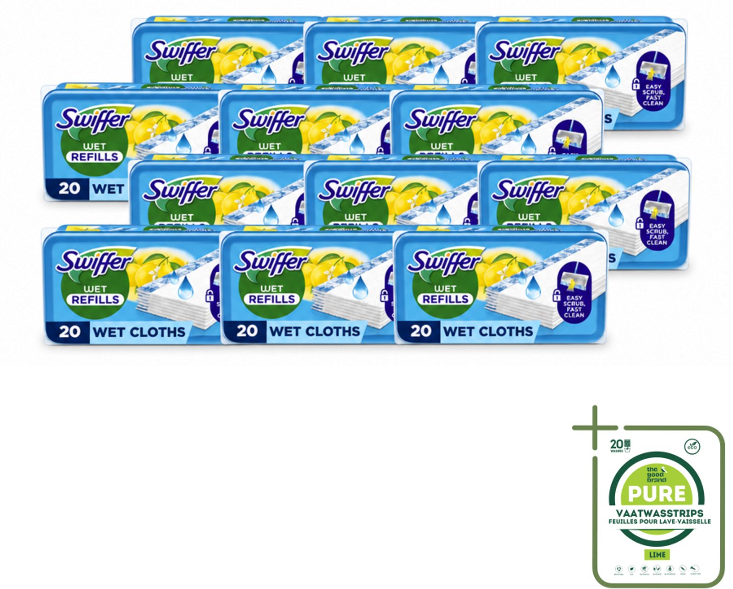 12 x Swiffer - Vloerdoekjes – Citrus Fresh – 20 doekjes - Grootverpakking - Vaatwasstrips - Vloerdoekjes Navullingen - Schoonmaken - Vuil Oplossen - Citroengeur - Schrobdoekjes