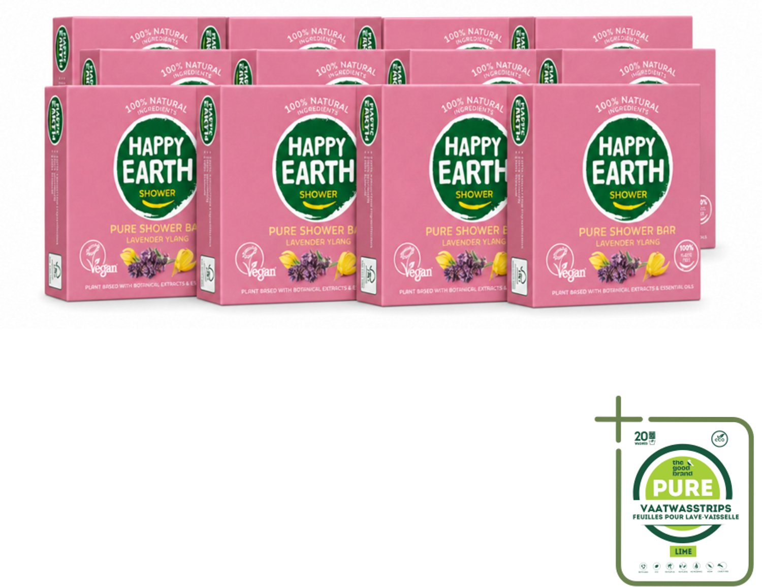 12 x Happy Earth – Shower Bar – 100% Natuurlijk Lavender Ylang – 90 g - Grootverpakking - Vaatwasstrips - Douchegel - Natuurlijke Douchegel - Lavendel - Ylang-ylang - Sheaboter