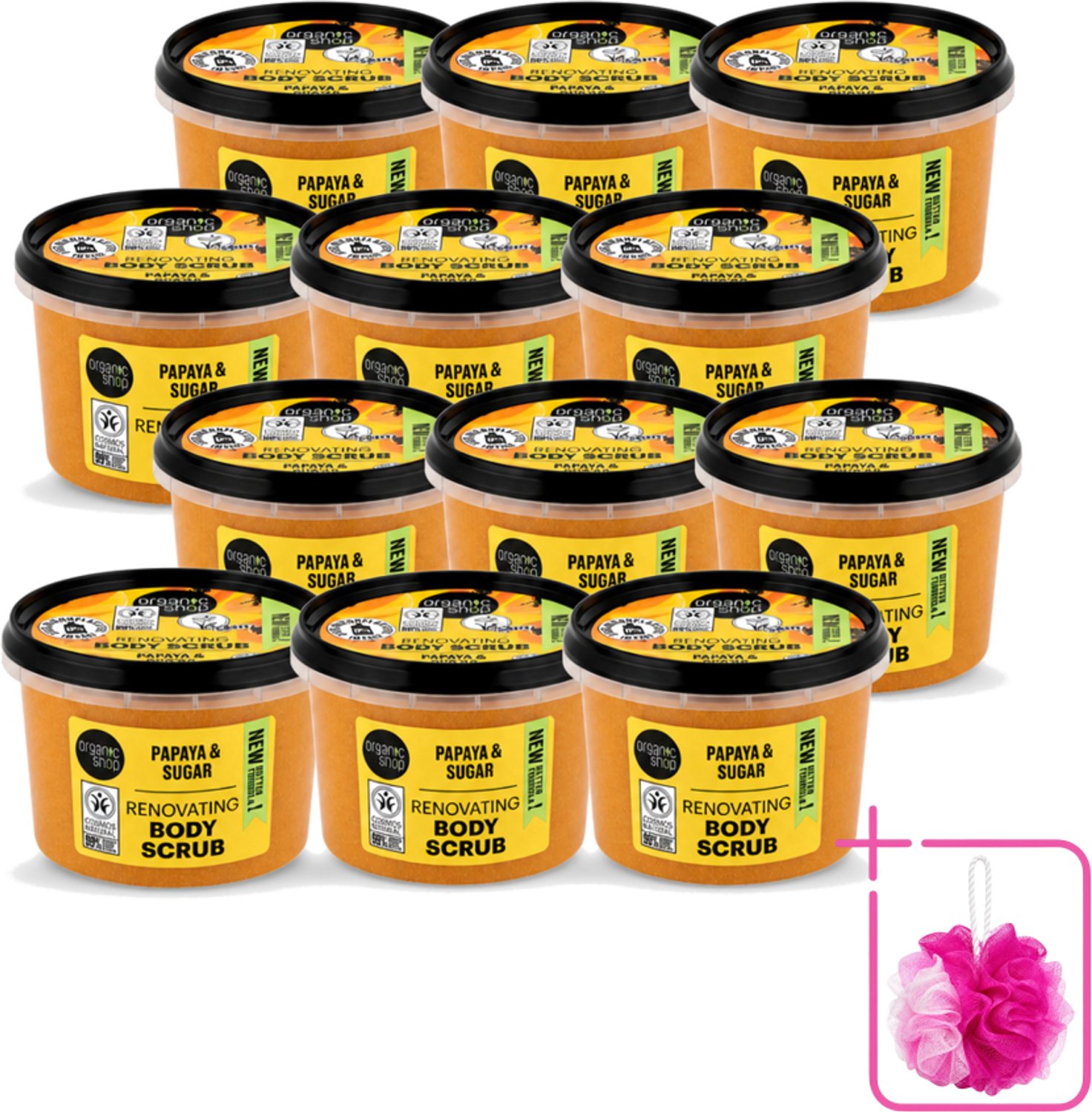 12 x Organic Shop - Body Scrub Papaya - Exfoliërend en Hydraterend - 250 ml - Bulkverpakking - Bodyscrub papaya - Douchemop - Exfoliatie huid