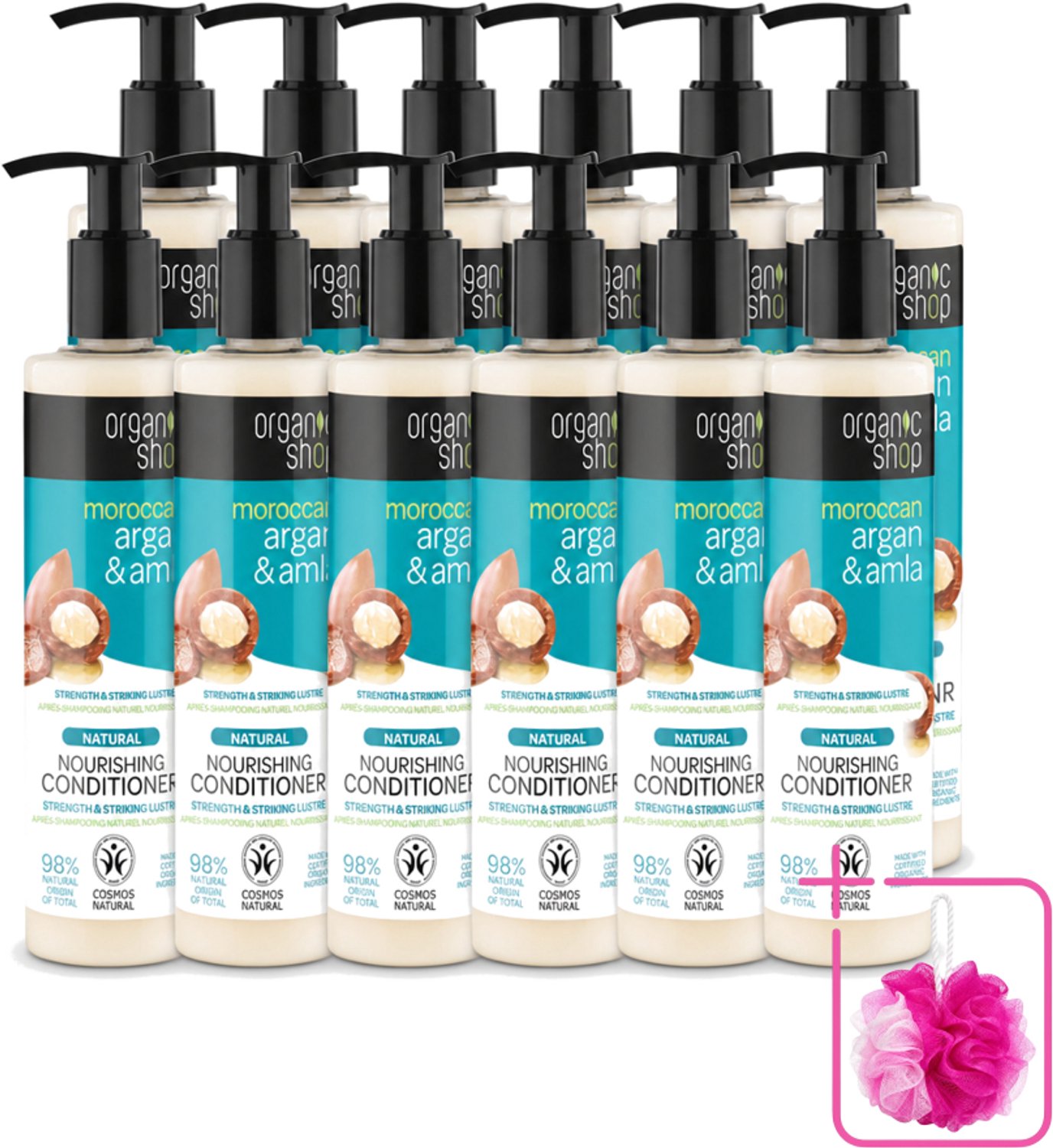 12 x Organic Shop - Conditioner Argan & Amla - Hydraterend en Verzorgend - 280 ml - Bulkverpakking - Gekleurd haar - Douchemop - Glans