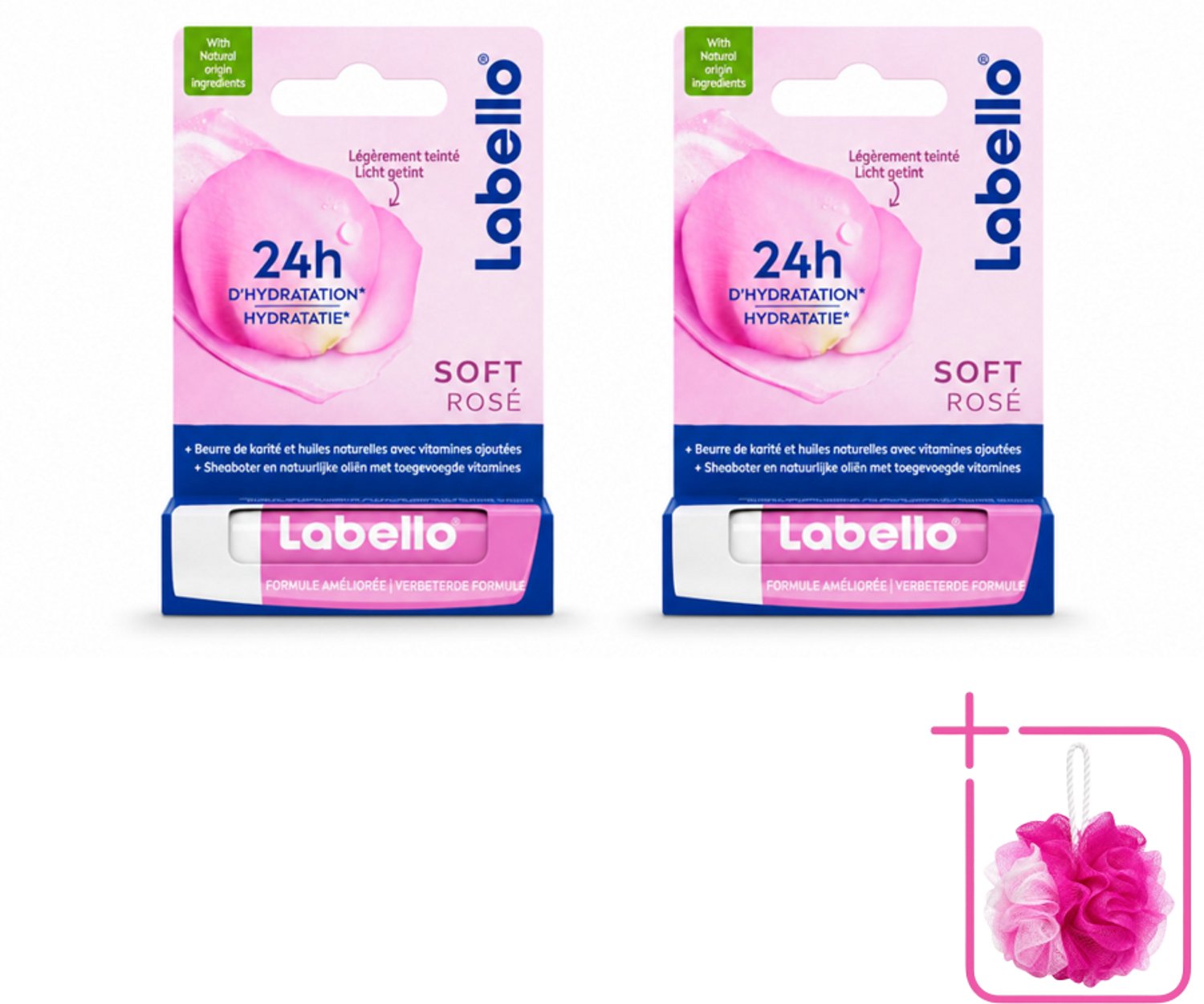 2 x Labello – Lippenbalsem – Soft Rosé – Lippenbalsem – 24H Hydratatie - Bulkverpakking - Hydraatende lippenbalsem - Douchemop - Roze lippenbalsem