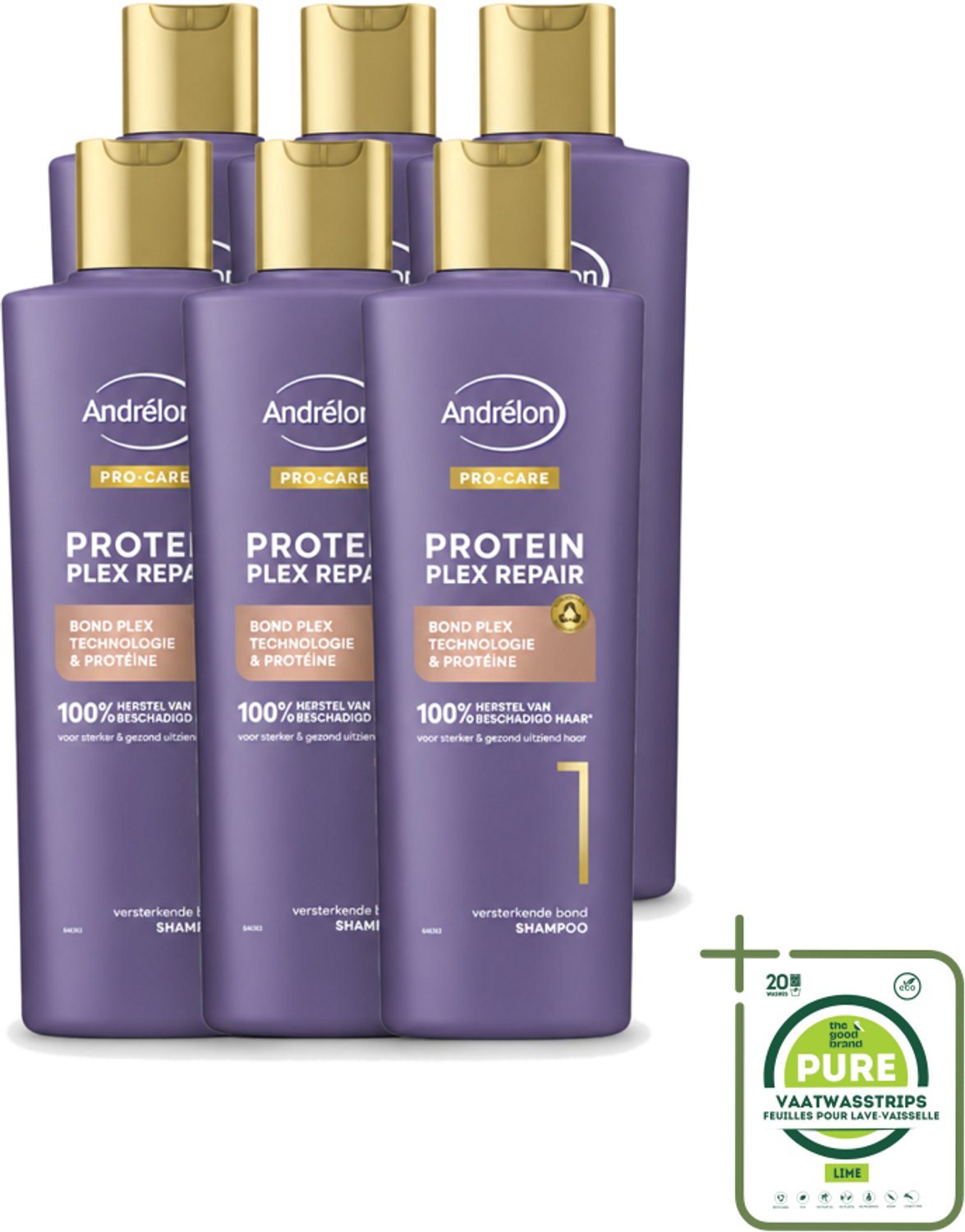 6 x Andrélon – Shampoo – Pro Care Protein Plex Repair – 250 ml - Grootverpakking - Vaatwasstrips - Herstel Haar - Beschadigd Haar - Proteïne Shampoo - Haar Herstel - Haar Structuur