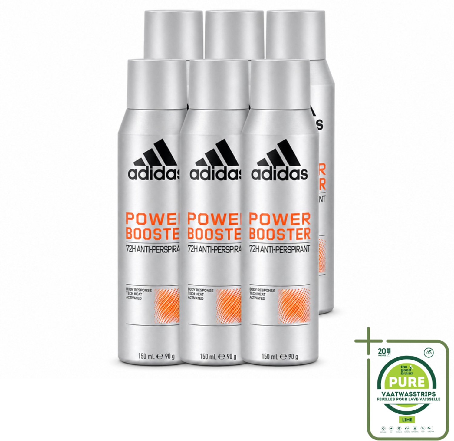 6 x Adidas – Deodorant Spray – Power Booster – 150 ml - Grootverpakking - Anti-transpiratie - Droge Huid - Frisheid - Geur - Sport