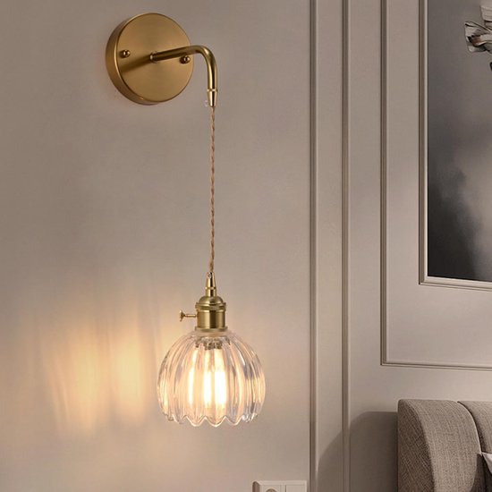 Vintage wandlamp met heldere geribbelde glazen kap, gouden wandlamp met E27-fitting en draaischakelaar, elegante wandverlichting voor slaapkamer of woonkamer (barnsteen, verpakking van 2) — afbeelding 3