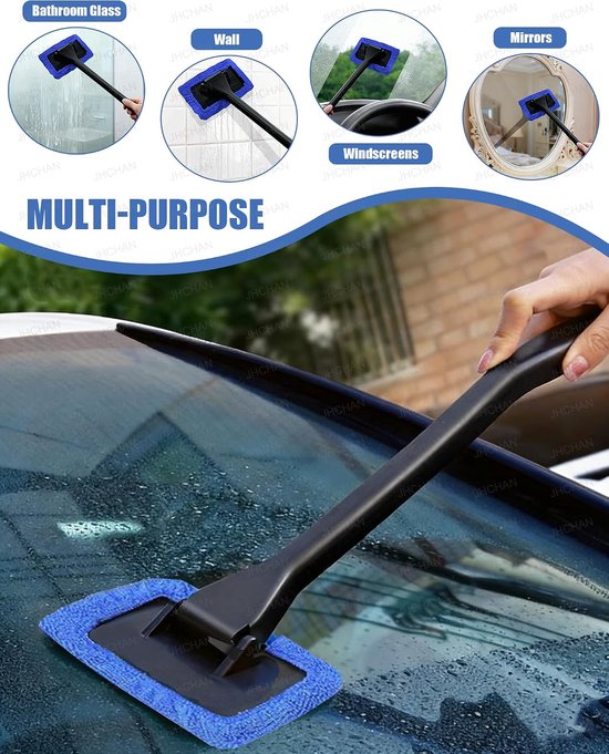 2 stuks 180° draaibare kop microvezel auto-reinigingsgereedschap | 2 lange handgrepen en 5 herbruikbare doeken | voor autoruiten, doucheglas en huishoudelijke raamreiniger | Nat en droog — afbeelding 4