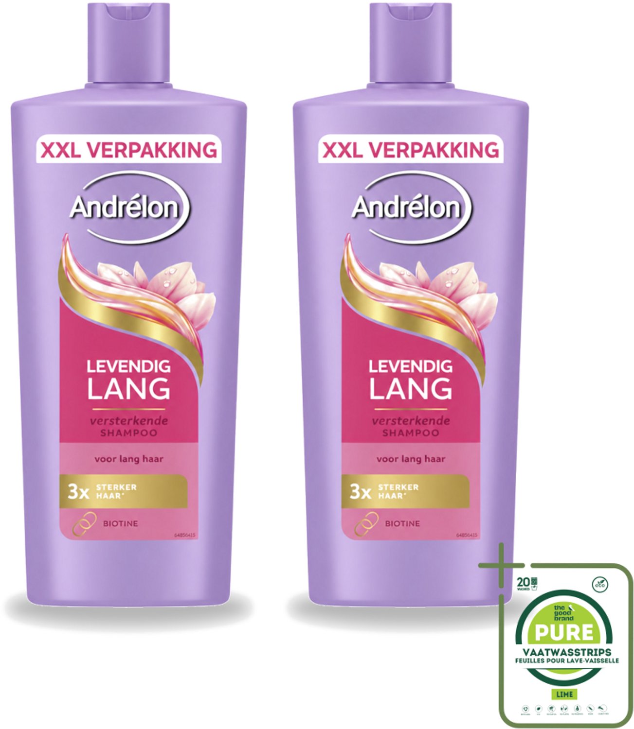 2 x Andrélon – Shampoo – Levendig Lang – 685 ml - Grootverpakking - Vaatwasstrips - Lang Haar Verzorging - Biotine Shampoo - Sterk Haar - Gezond Haar - Haarschade