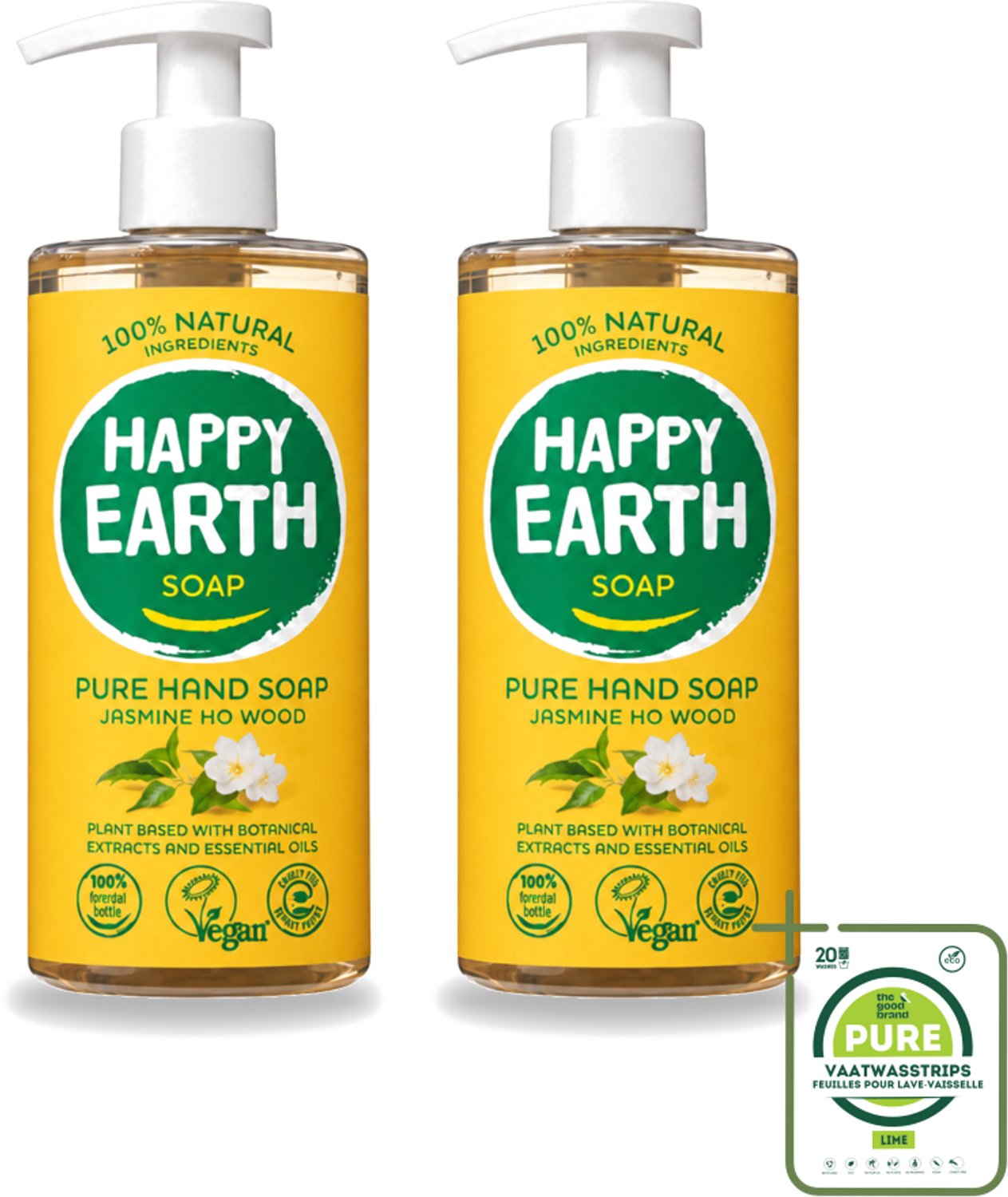 2 x Happy Earth – Handzeep – 100% Natuurlijk Jasmine Ho Wood – 300 ml - Grootverpakking - Vaatwasstrips - Natuurlijke Handzeep - Vegan Handzeep - Jasmijn Handzeep - Ho Wood Handzeep - Antibacteriële Handzeep