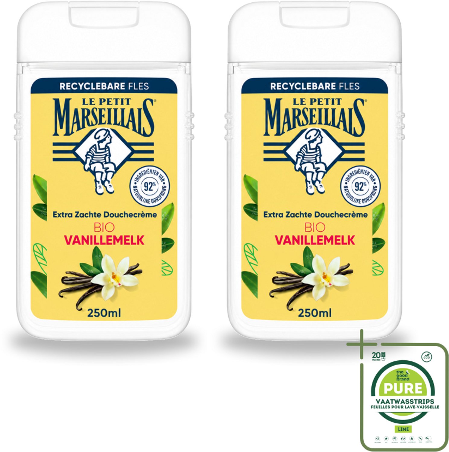 2 x Le Petit Marseillais – Douchecrème – Lait de Vanille Bio – Extra zacht – 250 ml - Grootverpakking - Vaatwasstrips - Douchecrème - Vanille - Bio - Huid Verzorgen - Natuurlijke Douchecrème
