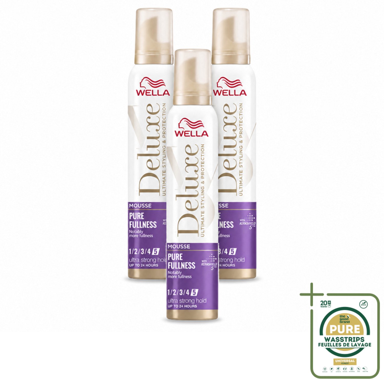 3 x Wella – Deluxe Pure Fullness – Haarmousse – 200 ml - Wasstrips - Haarmousse - Volume - Haarbescherming - Kerashield 5 - Anti-pluis