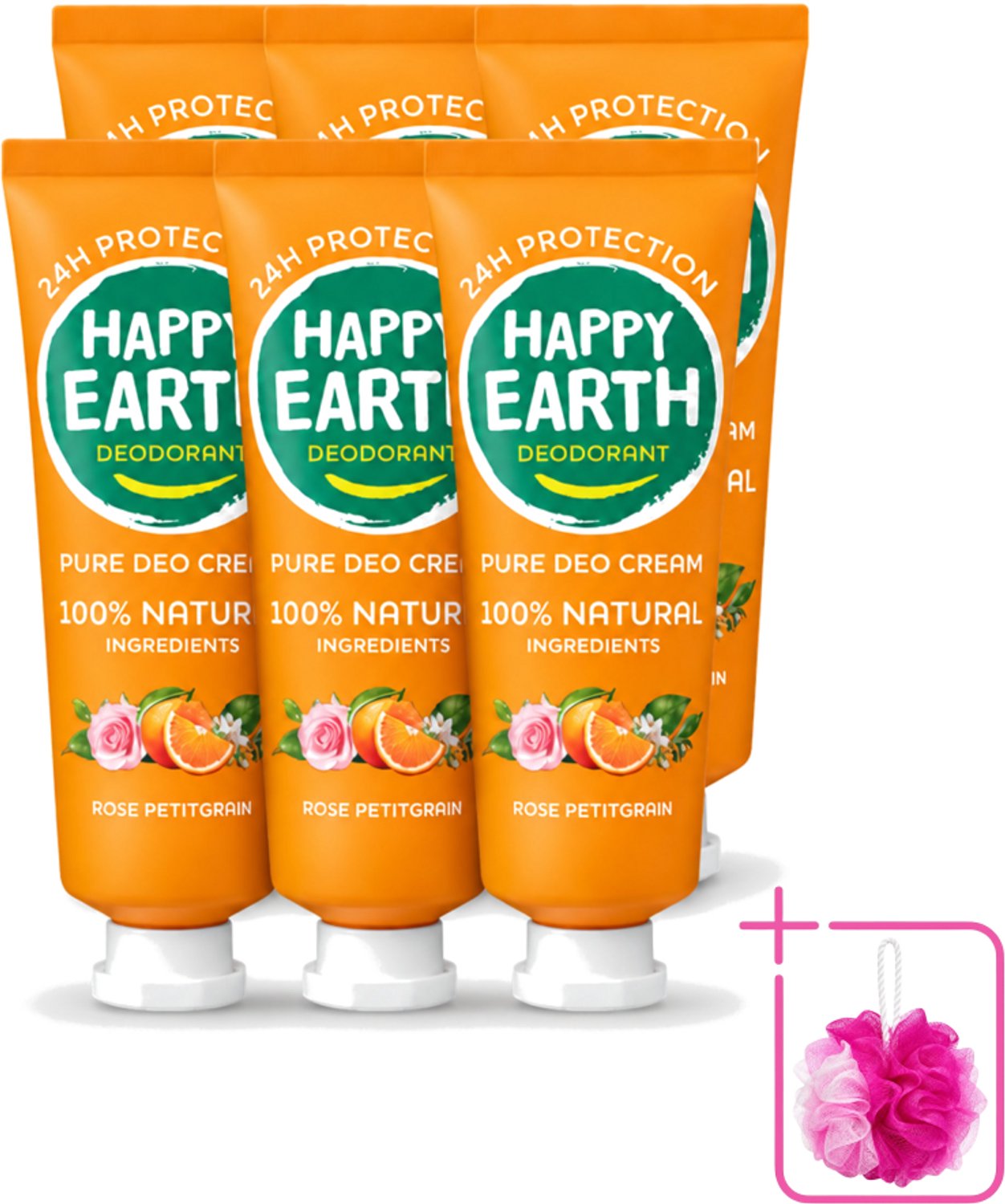 6 x Happy Earth – Deodorant Cream – 100% Natuurlijk Rose Petitgrain – 40 ml - Bulkverpakking - Natuurlijke deodorant - Deodorant crème