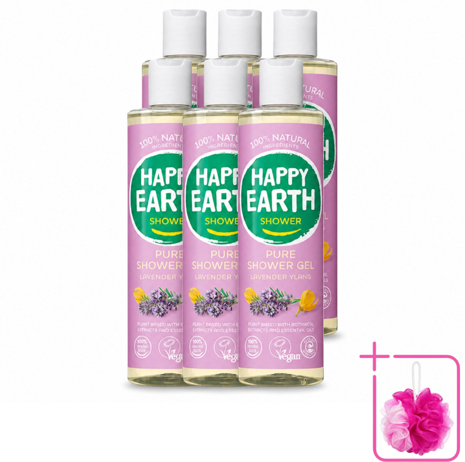 6 x Happy Earth – Douchegel – 100% Natuurlijk Lavender Ylang – 300 ml - Bulkverpakking - Douche gel - Douchemop - Natuurlijke douche