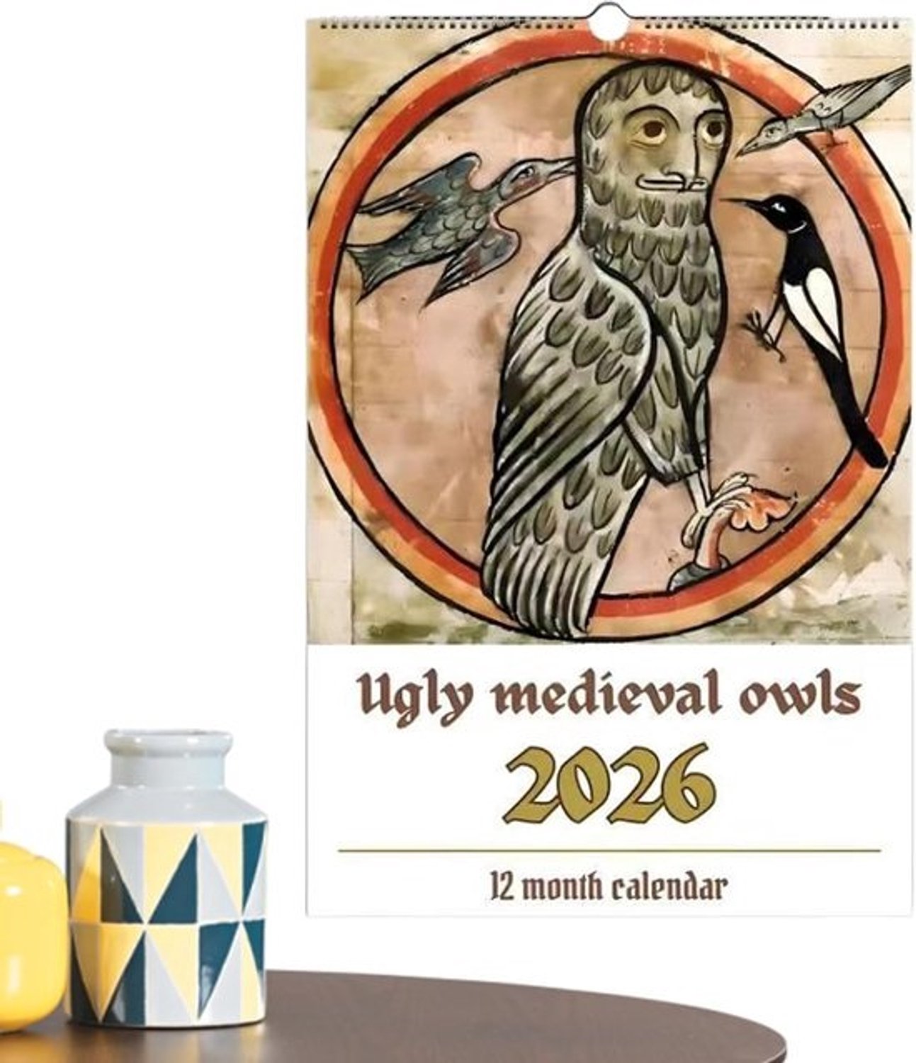 Agenda 2026-2027 - Maandkalender voor de muur - Voor dagelijkse planning - Middeleeuwse uilen - 30 x 21 cm