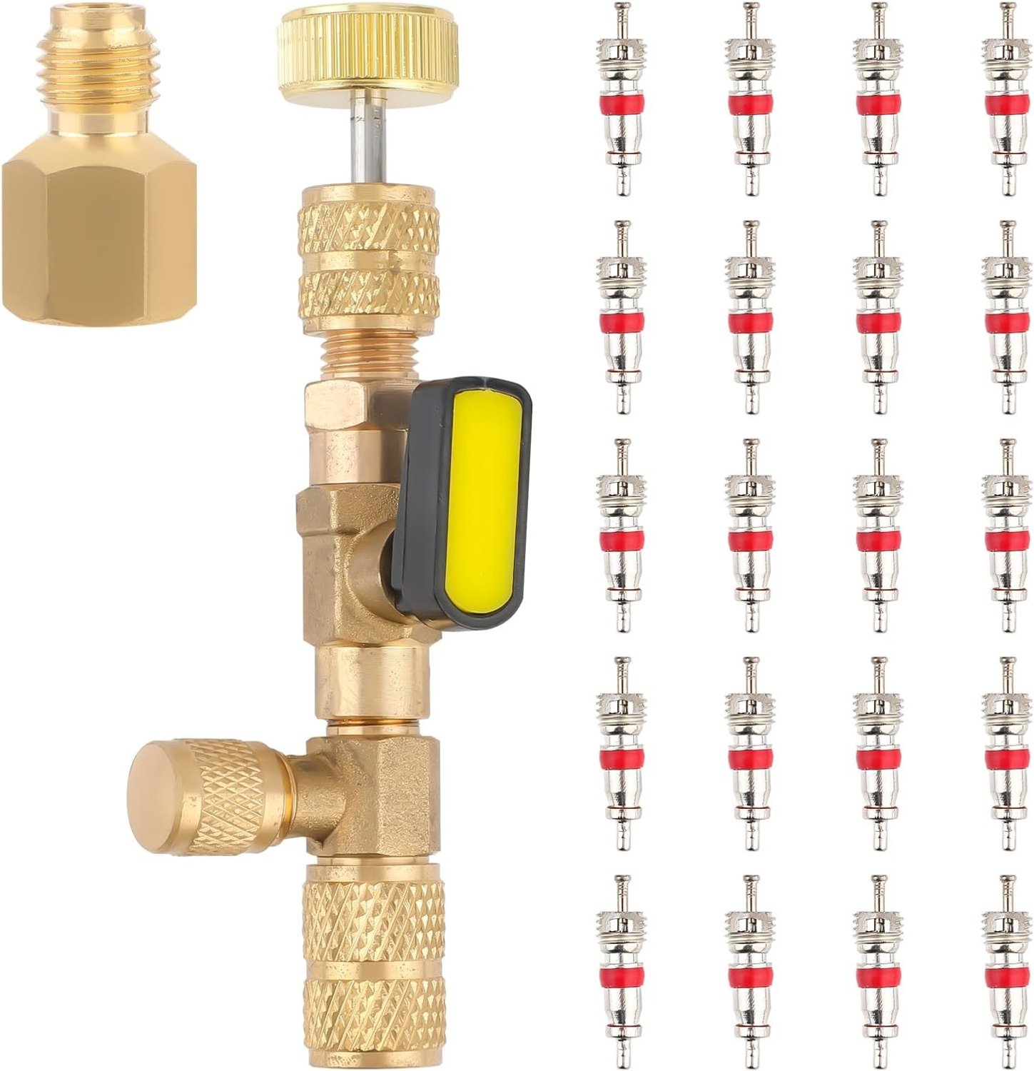 Valve Core Verwijderaar en Installatietools met Dubbele Manometer, 20 Stuks Ventielkernen voor R22 en R410A Koelsystemen