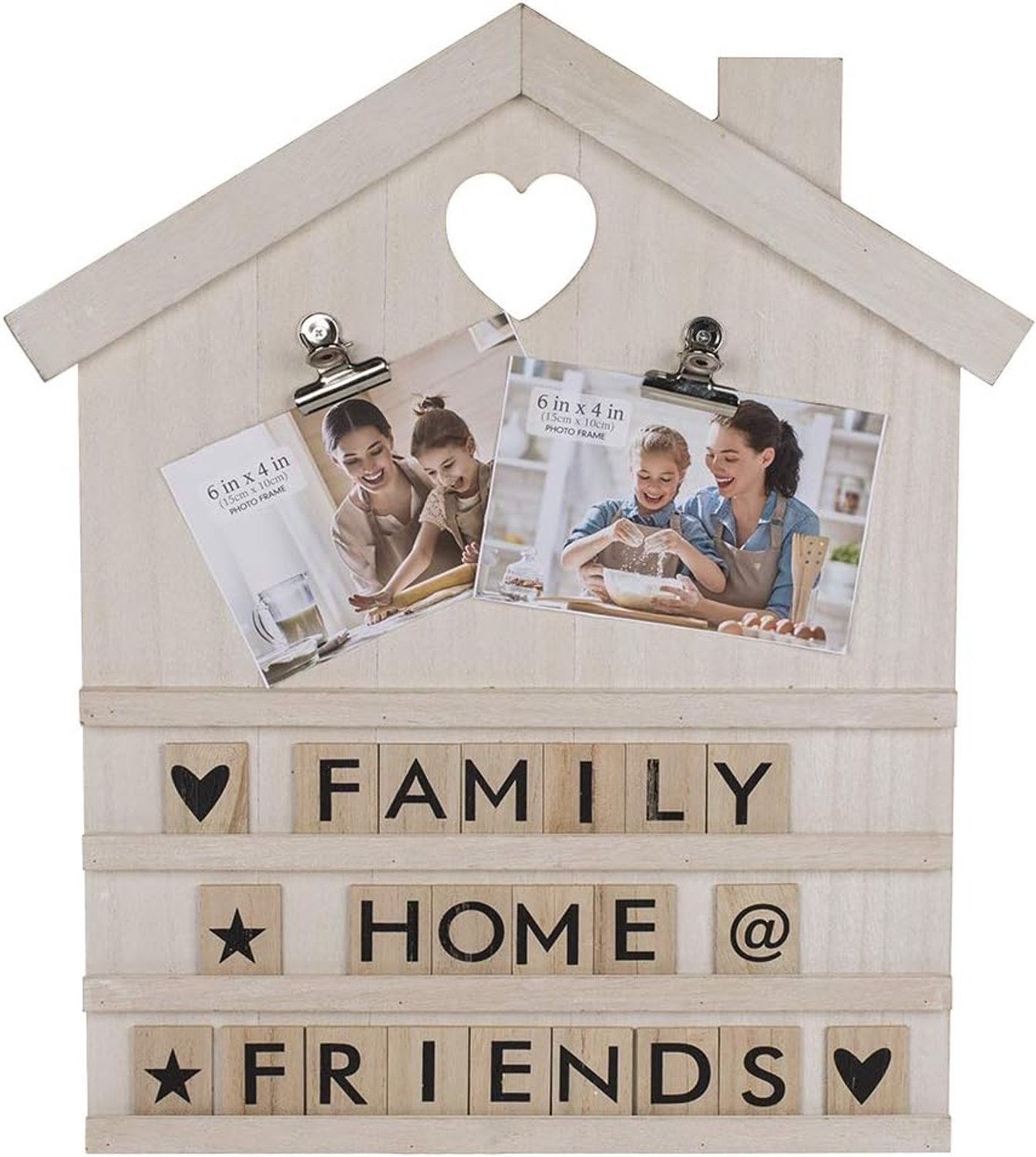 Witte decoratieve houten huis met 90 natuurkleurige letters, symbolen en 2 cliphouders, circa 36 x 48 cm, in geschenkverpakking