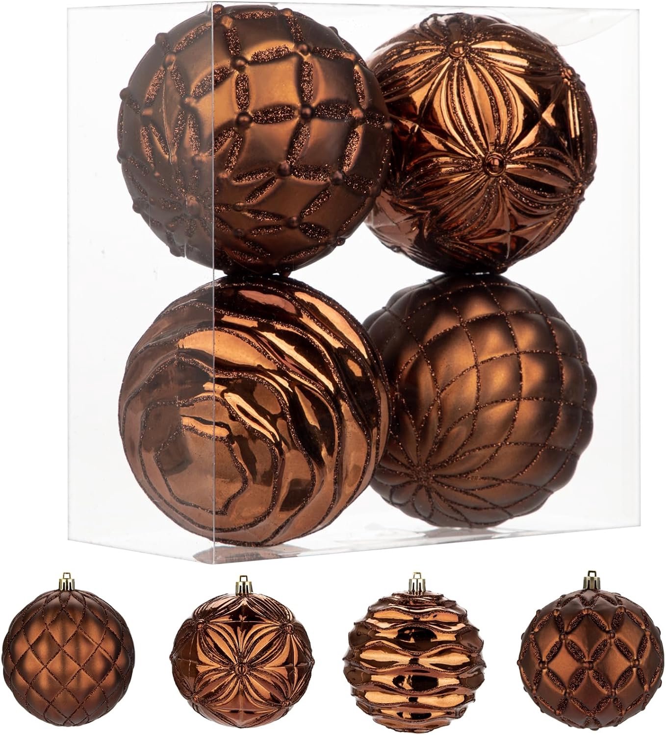 Set van 4 kerstballen, diameter 10 cm, kerstboomversiering, grote kerstballen, kunststof, kerstdecoratie, kerstboomdecoratieset voor kerstboom, kerstballen, champagne