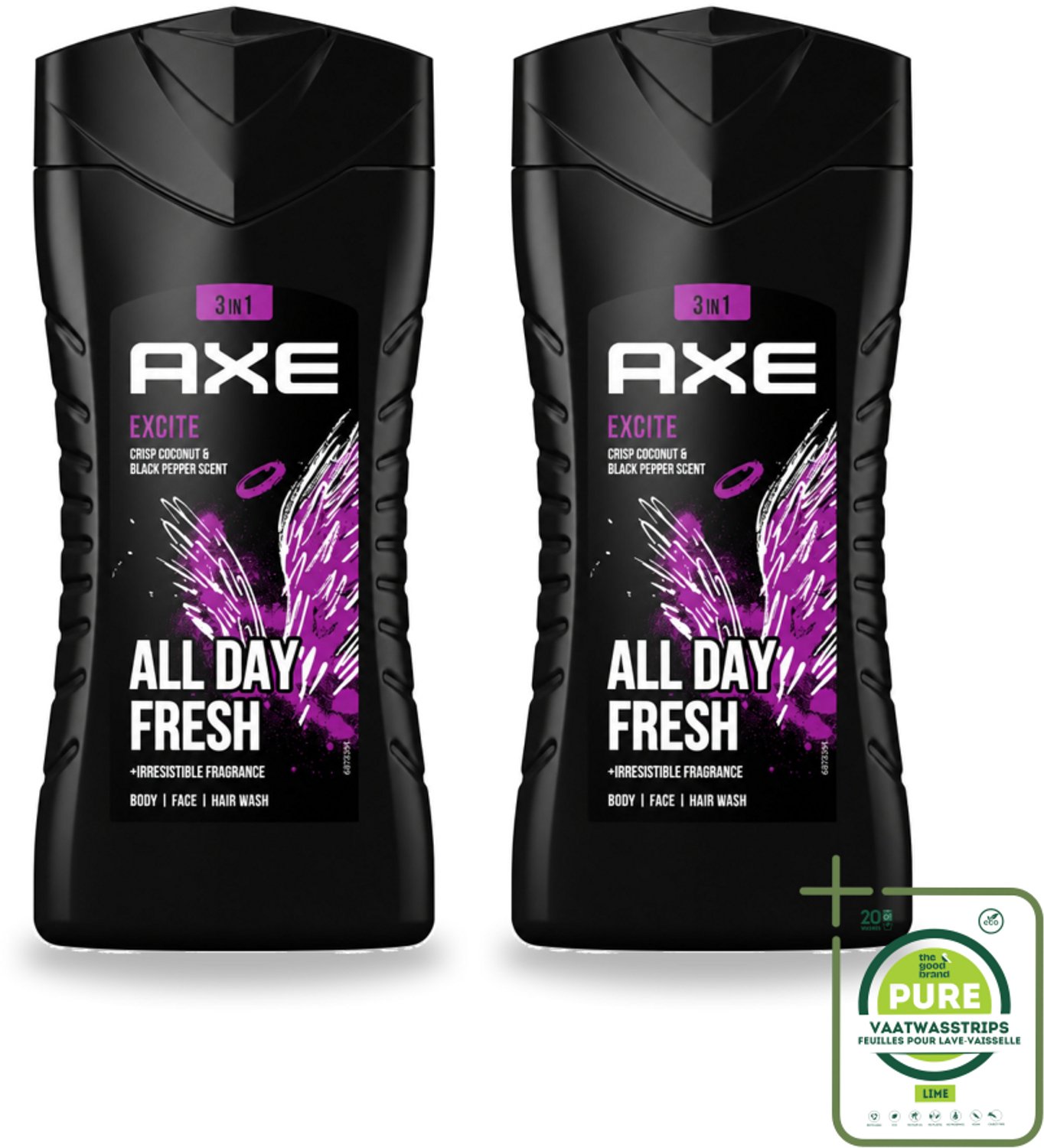 2 x AXE - 3-in-1 Douchegel - Excite - Lichaam, Gezicht & Haar - Verleidelijke Geur - 250 ml - Grootverpakking - Vaatwasstrips - Douchegel - Lichaam - Gezicht - Haar - Frisheid