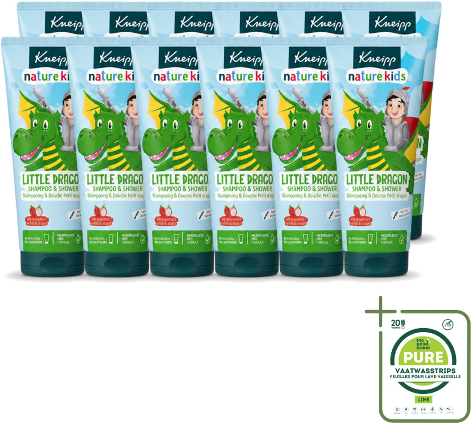 12 x Kneipp - Shampoo & Showergel - Little Dragon - 200 ml - Grootverpakking - Vaatwasstrips - Kinderbad - Kinderhaar - Douchegel - Shampoo - Geur Dragonfruit