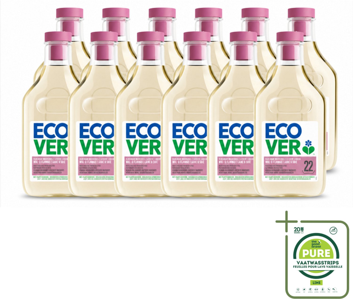 12 x Ecover - Vloeibaar wasmiddel - Wol & Fijnwas - 1 liter - 22 wasbeurten - Grootverpakking - Vaatwasstrips - Zachte Wasmiddelen - Wol Wasmiddel - Fijnwas - Delicate Stoffen - Biologisch Afbreekbaar