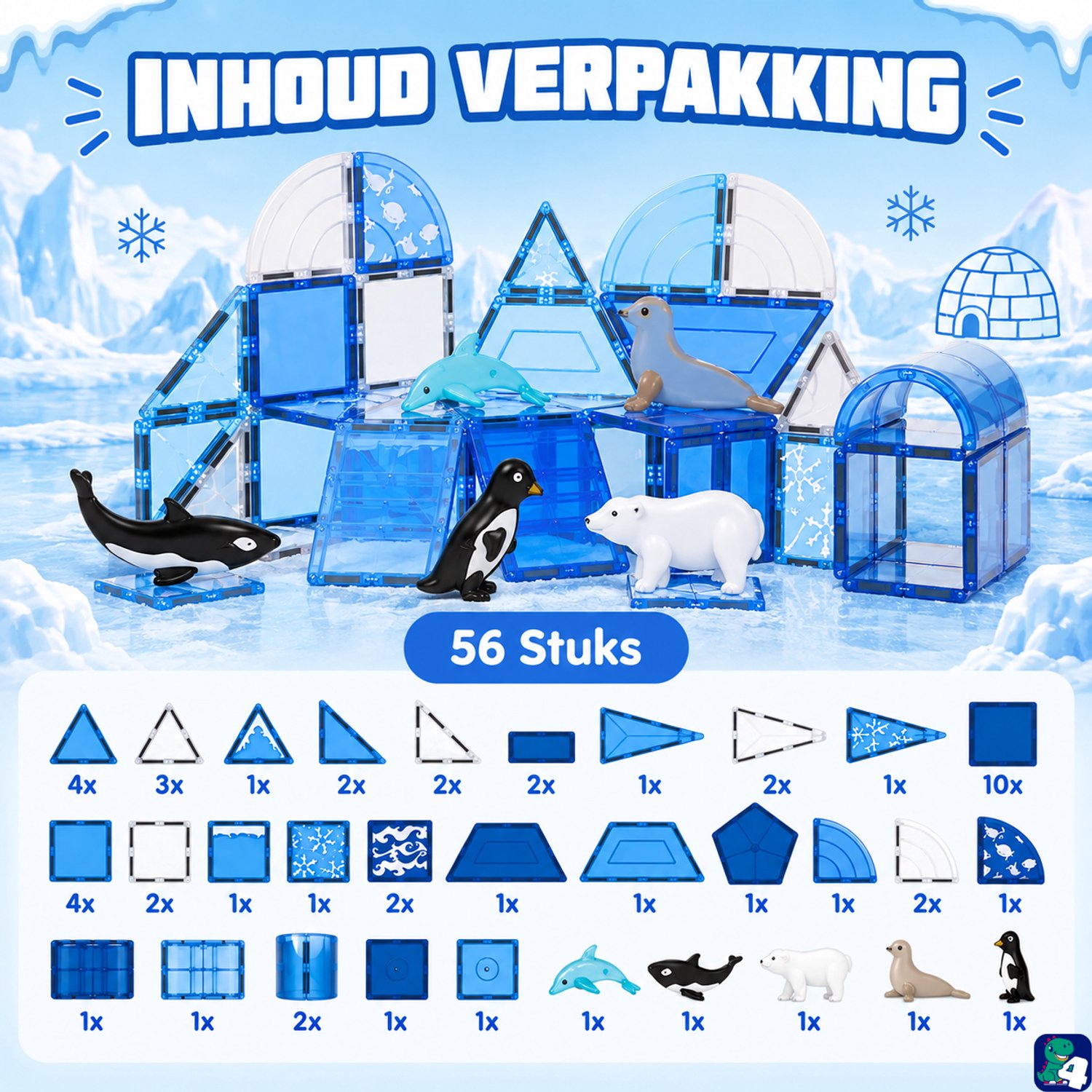 Fits4Kids® Magnetic Tiles 56 Stuks - Magnetische Bouwtegels - STEM Speelgoed voor Creatief Bouwen - Magnetisch Speelgoed - Magna Bouwstenen - Frozen Constructions - 3 4 5 6 7 8 9 Jaar — afbeelding 5