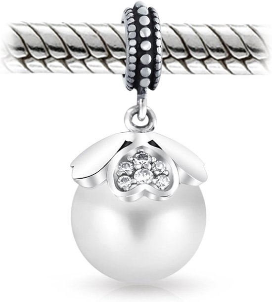 Vintage stijl hart kap wit gesimuleerde bead bedel bedel voor dames sterling zilver past Europese armband — afbeelding 3