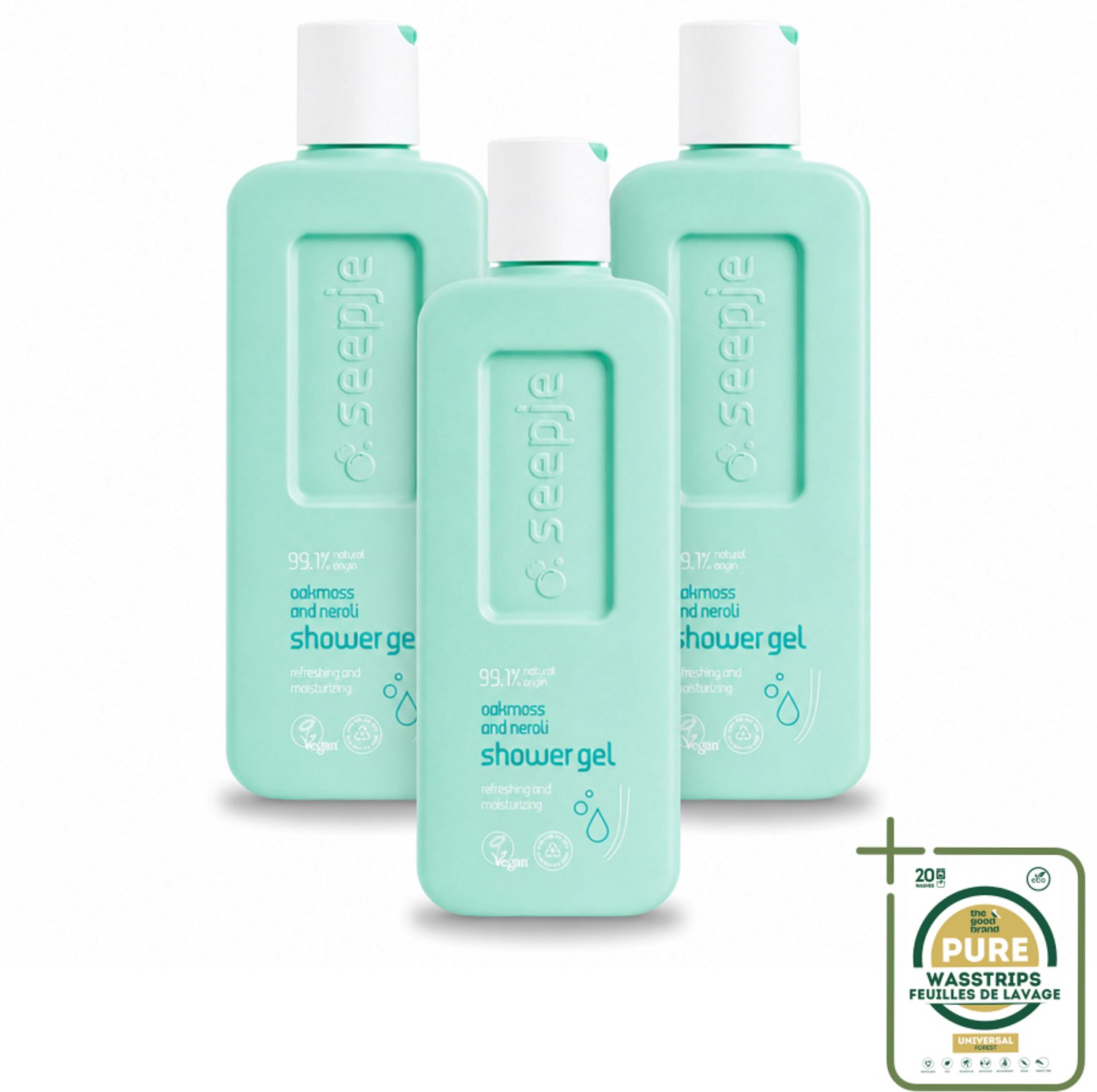 3 x Seepje - Douchegel - Hydraterend & Verfrissend - Eikenmos en Neroli - 300 ml - Wasstrips - Douchegel Eikenmos En Neroli - Natuurlijke Douchegel - Hydraatende Douchegel - Frisse Douchegel - Vegan Douchegel
