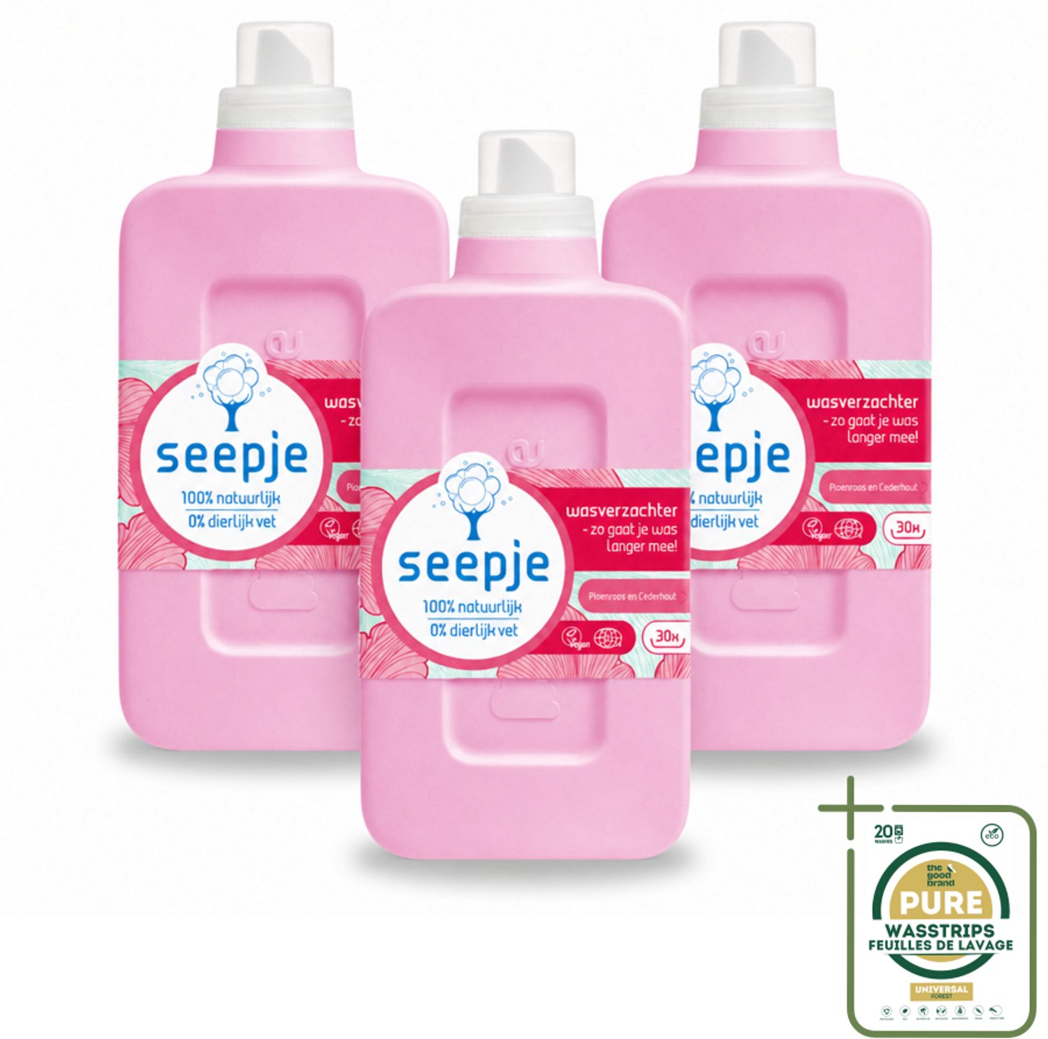 3 x Seepje - Wasverzachter - Geurige Verzorging - Pioenroos en Cederhout - 30 Wasbeurten - 750 ml - Wasstrips - Wasverzachter - Natuurlijke Wasverzachter - Pioenroos En Cederhout - Wasverzachter Pioenroos - Wasverzachter Cederhout