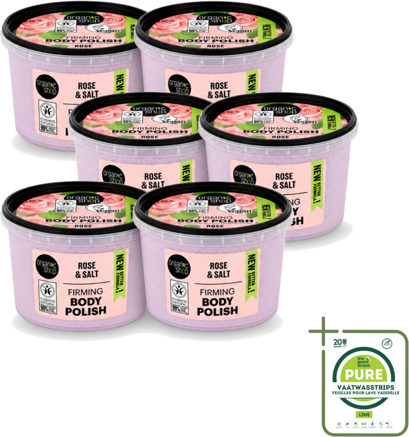 6 x Organic Shop - Body Scrub Rose - Hydraterend en Verzorgend - 250 ml - Grootverpakking - Vaatwasstrips - Bodyscrub - Huidverzorging - Exfoliëren - Amandelolie - Rietsuiker