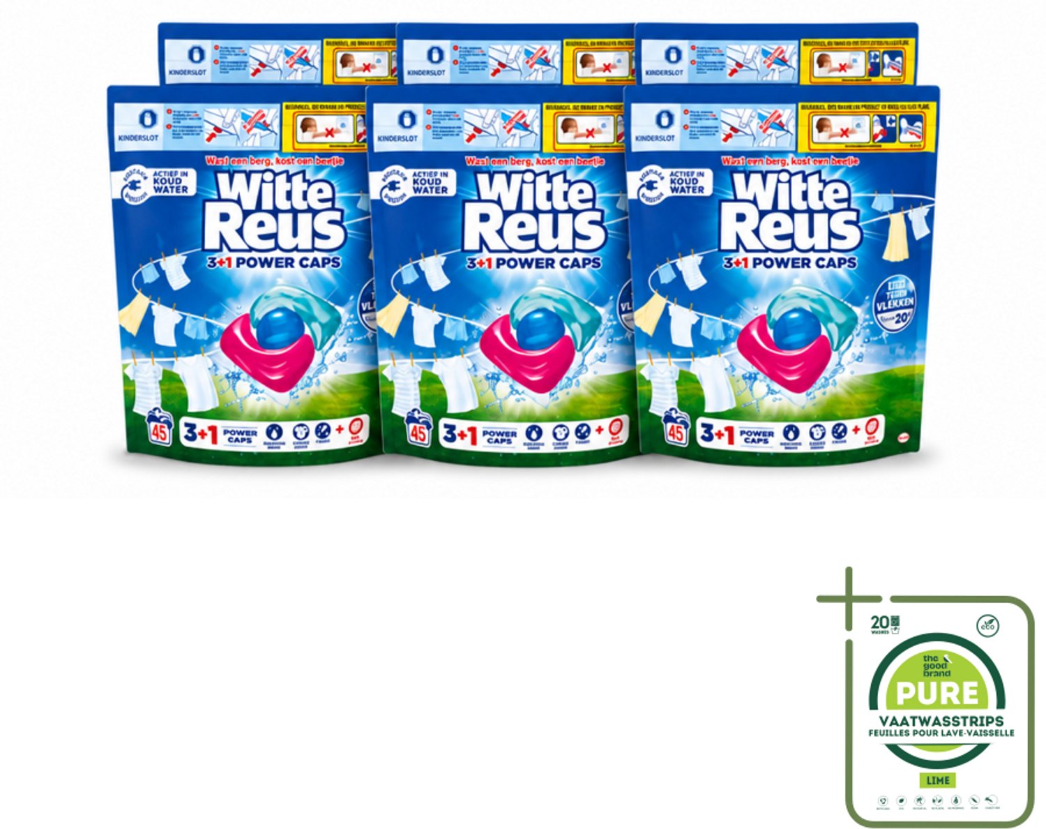 6 x Witte Reus - 3+1 Power Caps - Witte Was - 45 Wasbeurten - Grootverpakking - Vaatwasstrips - Witte Reus Power Caps - Waskracht - Witte Wasgoed - Lichtgekleurd Wasgoed - Vlekverwijdering