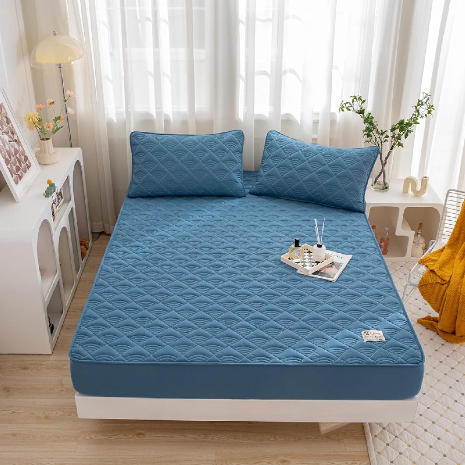 Soft Deep Pocket Bottom Sheet,Pure Cotton Non-Slip Quilted Mattress Cover, Comfortable Bed Cover Suitable For 12"/30cm Deep Mattresses,blue 2,90 * 200cm+30cm (3pcs)
