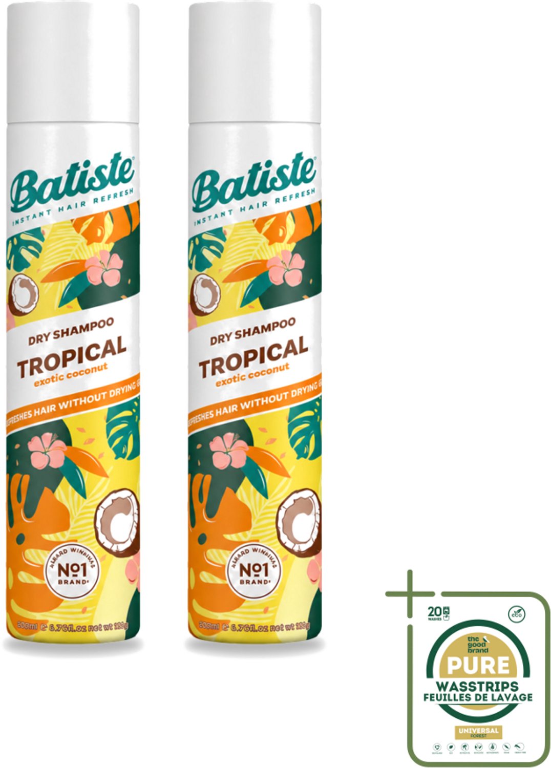 2 x Batiste - Tropical - Droogshampoo - Tropische Geur - Verfrist en Stylet - 200ml - Wasstrips - Droogshampoo - Tropische Geur - Fris Haar - Vet Haar - Haarkleur