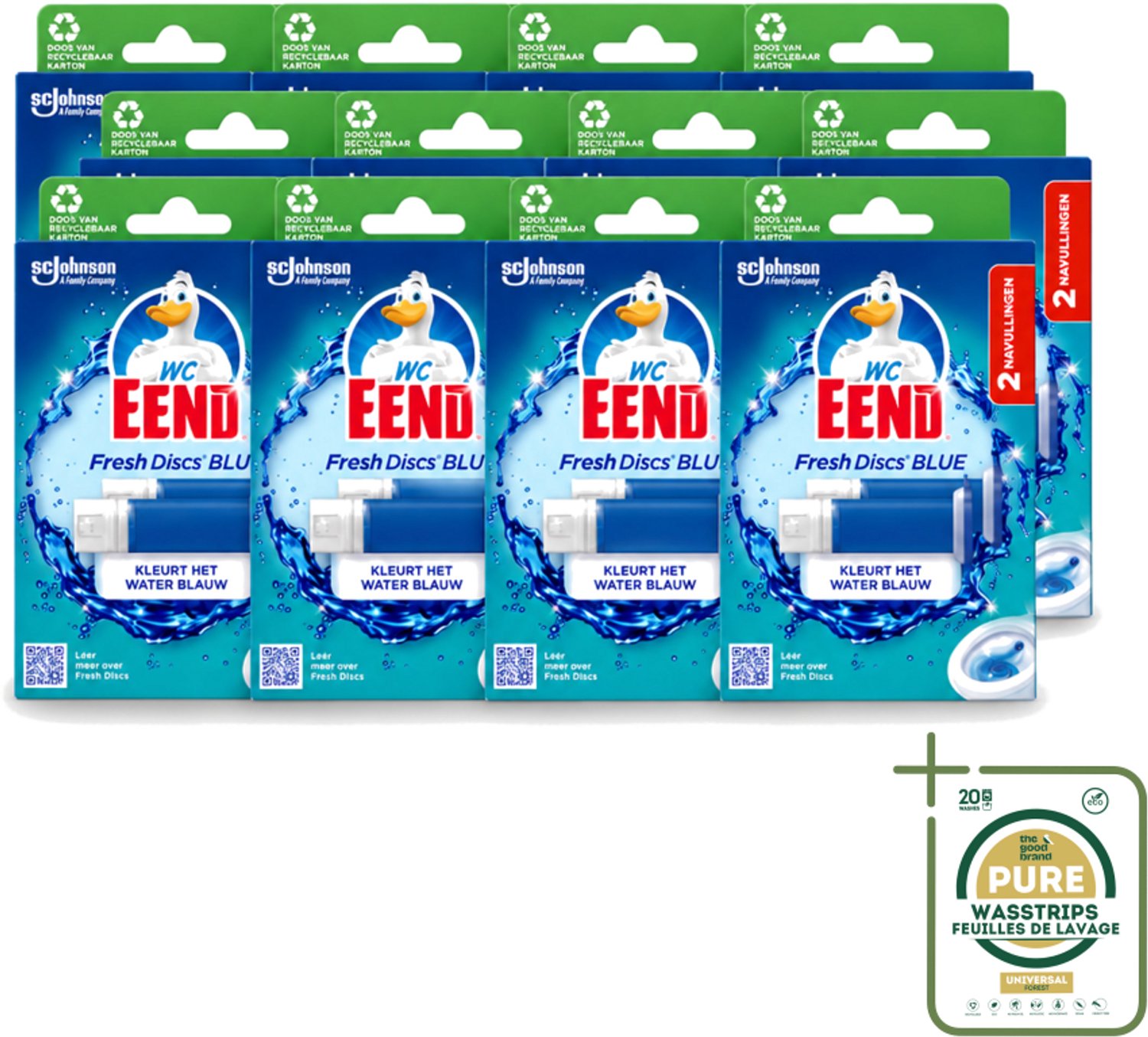 12 x WC Eend - Fresh Discs Coloring Blue - Duo Navulling - Kleurt Water Blauw & Verfrist - 72 ml - Wasstrips - Toiletgel - Toiletverzorging - Toilet Reinigen - Toilet Fris Houden - Toilet Kleuren