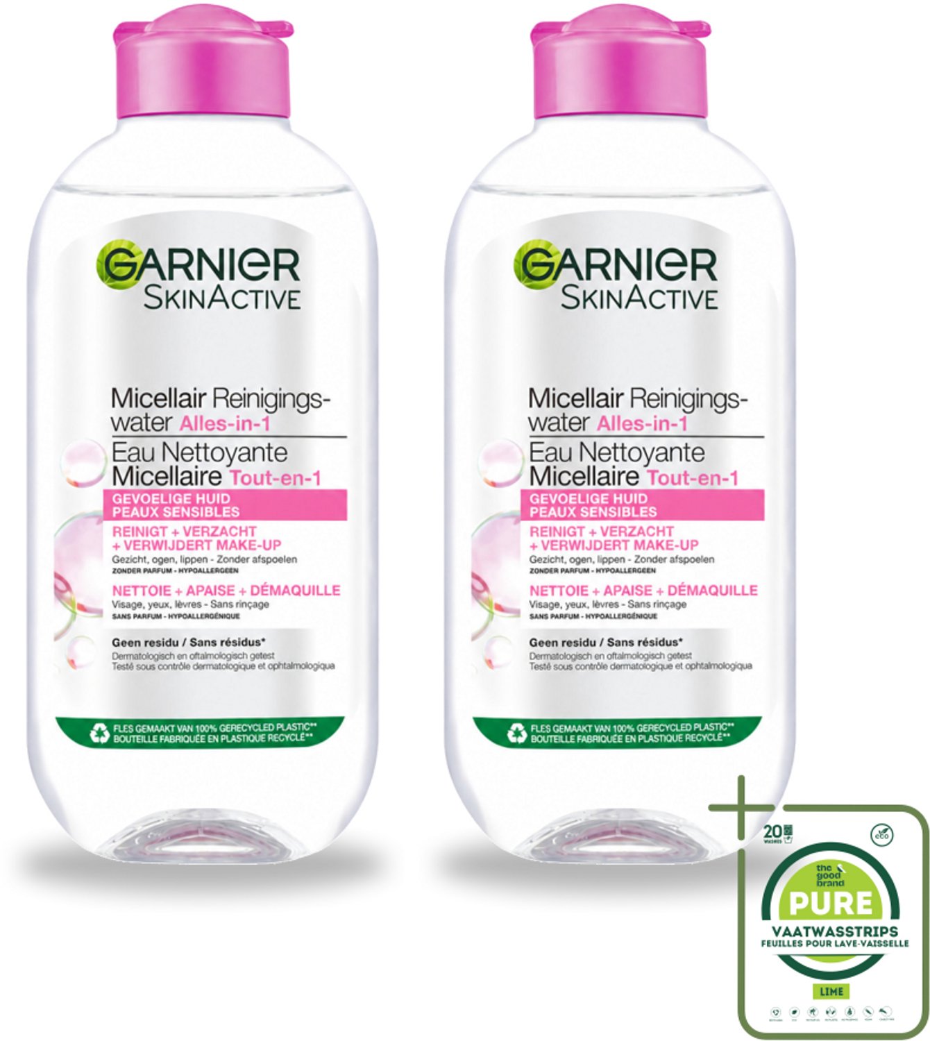 2 x Garnier - SkinActive - Micellair Water - Gevoelige Huid - Gezichtsreiniger - 200 ml - Grootverpakking - Vaatwasstrips - Gevoelige Huid - Gezichtsreiniger - Micellair Water - Make-up Verwijderen - Huid Verzachten