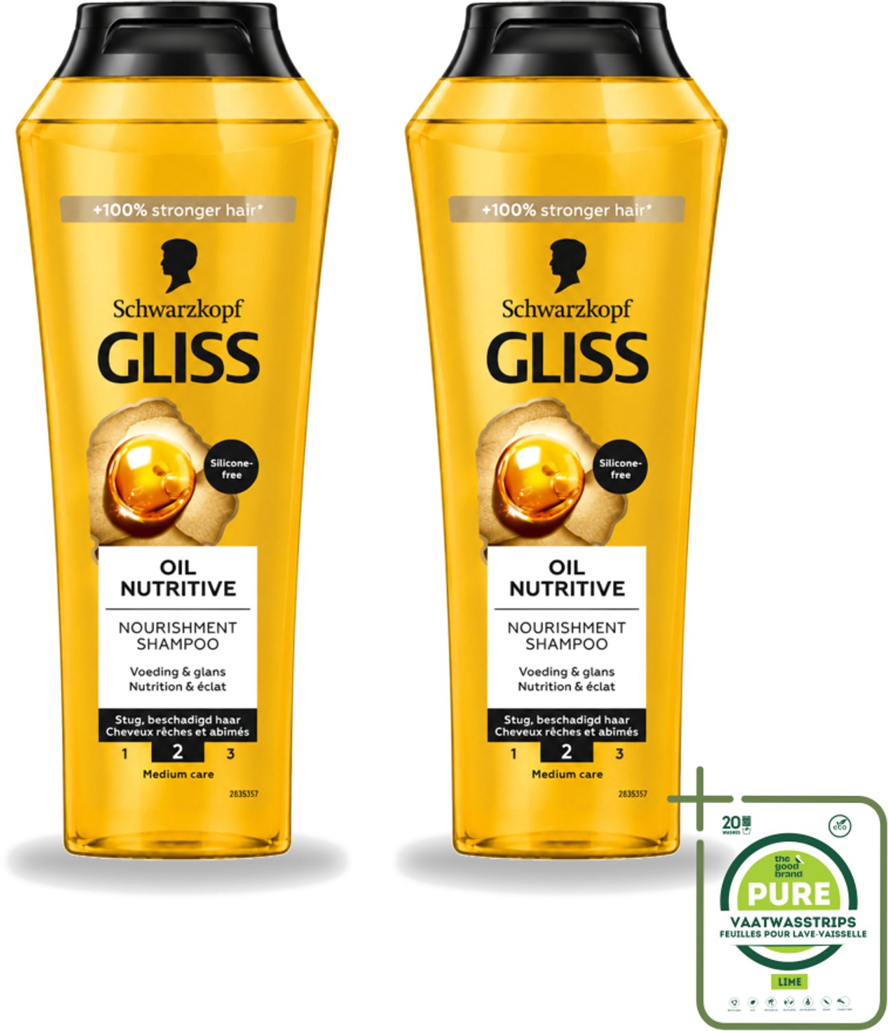 2 x Gliss - Shampoo - Oil Nutritive - Voor Voedend en Zijdezacht Haar - 250 ml - Grootverpakking - Vaatwasstrips - Voedend Haarverzorging - Lang Haar - Droog Haar - Gespleten Haarpunten - Haar Verzorging