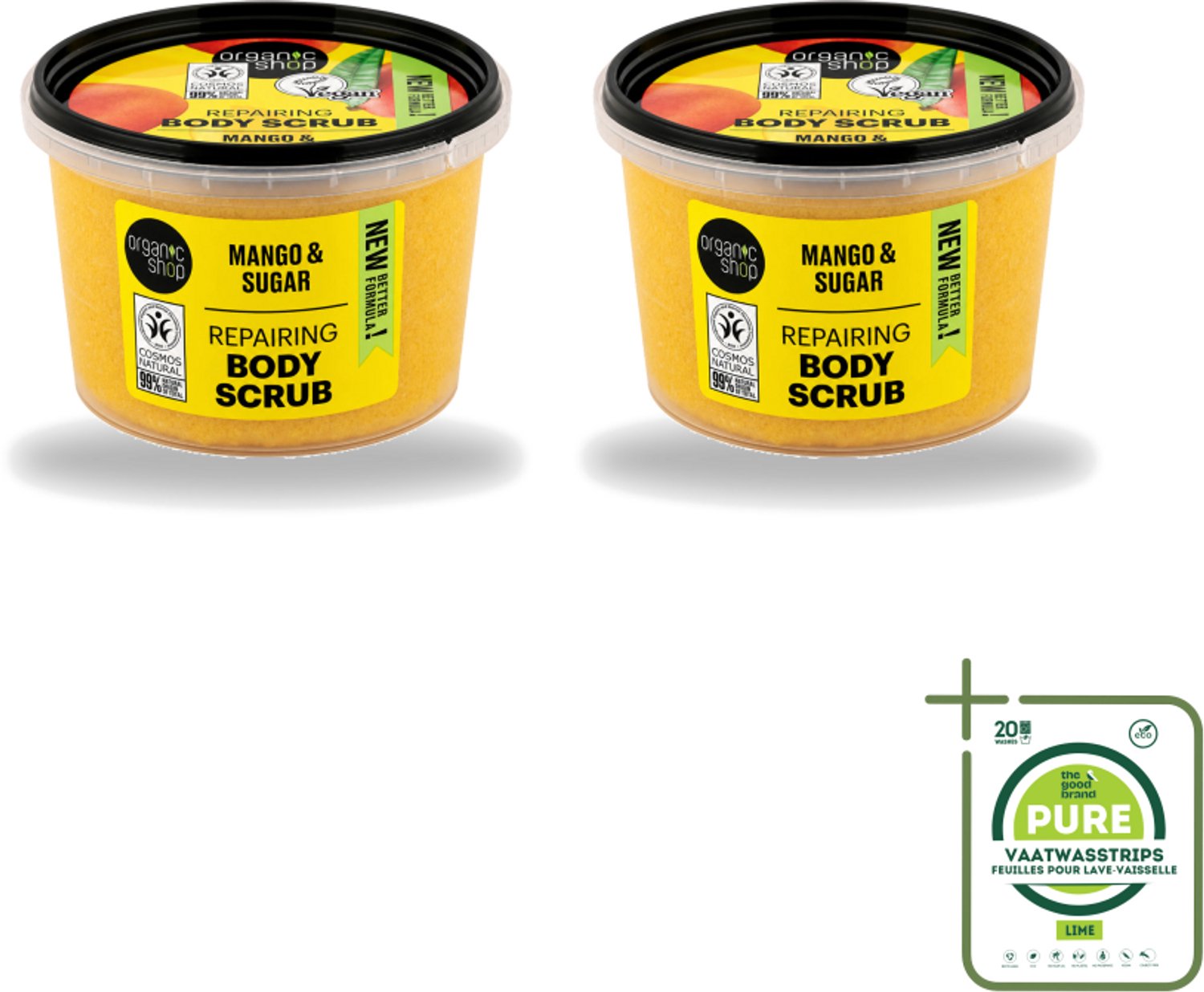 2 x Organic Shop - Organic Mango & Sugar Body Scrub - Peeling en Geur - 250 ml - Grootverpakking - Vaatwasstrips - Organische Bodyscrub - Mango Scrub - Exfoliatie Huid - Huidvernieuwing - Natuurlijke Scrub