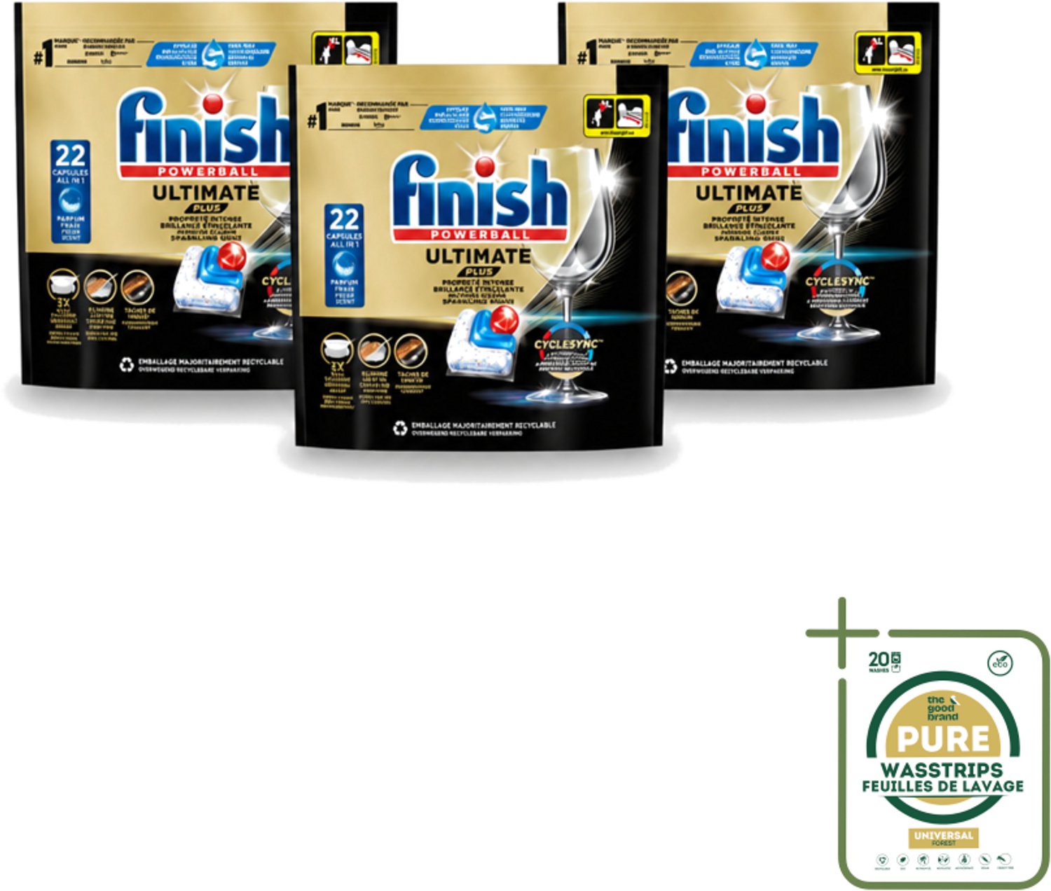 3 x Finish - Vaatwasmiddel - Ultimate Plus Vaatwastabletten Regular - Krachtige Alles-in-1 Reiniging - 22 capsules - Vaatwasmiddel - Vaatwastablet - Reinigingsmiddel - Glans - Vaatwas