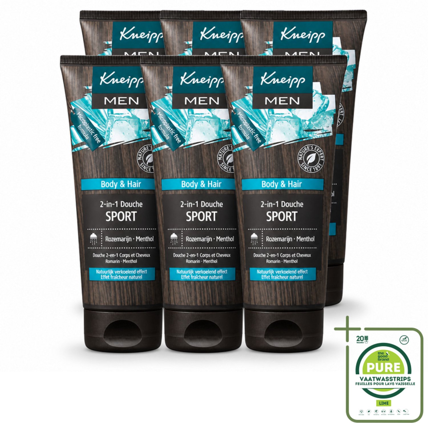 6 x Kneipp - Sport Douche 2‑in‑1 - Men - 200 ml - Grootverpakking - Vaatwasstrips - Sportdouche - Herstel Na Sporten - Verkoeling - Ontspanning - Menthol