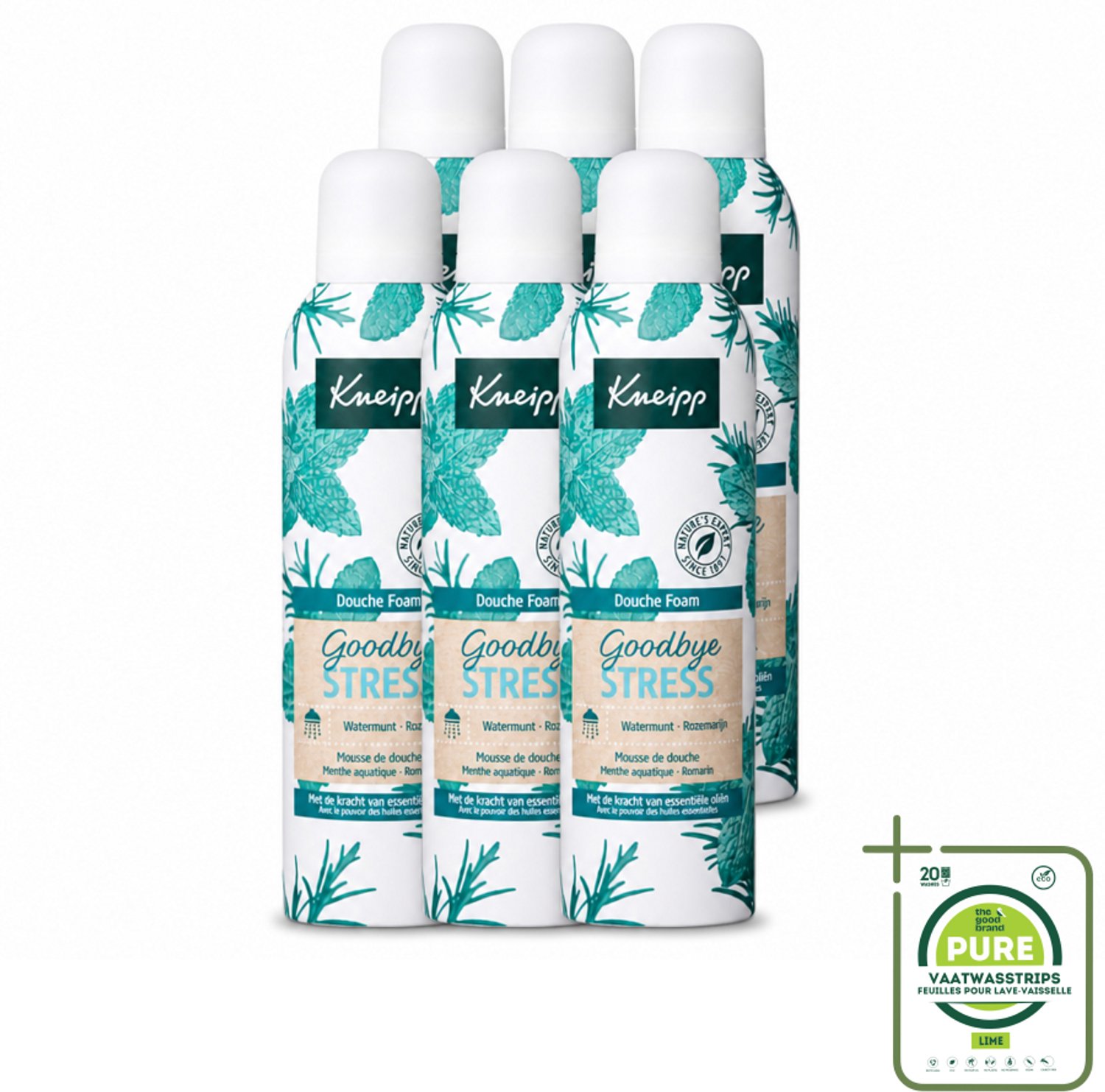 6 x Kneipp - Douche schuim - Goodbye Stress - Watermunt & Rozemarijn - 200 ml - Grootverpakking - Vaatwasstrips - Douche Foam - Stress Verlichten - Verfrissend Schuim - Natuurlijke Geur - Huid Verzorging